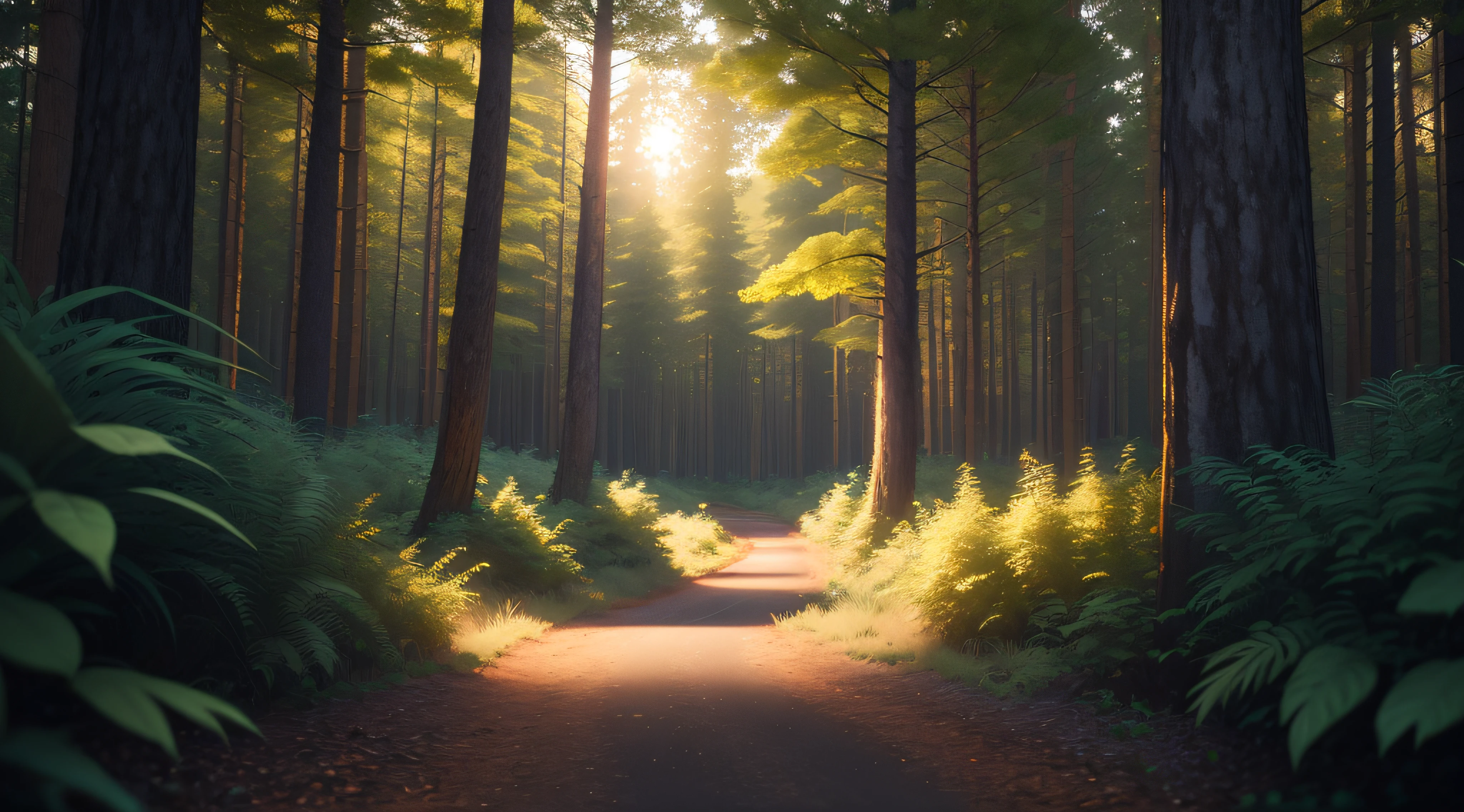 dense forest, inside the forest, sunset, trees around, thick trees, big trees, illuminated clearing in the middle, bright fireflies rising into the sky, fireflies illuminating the environment, masterpiece, high quality, extremely detailed CG unity 8k wallpaper, oil paiting, award winning photography, Bokeh, Depth of Field, HDR, bloom, Chromatic Aberration ,Photorealistic,extremely detailed, trending on artstation, trending on CGsociety, Intricate, High Detail, dramatic, art by midjourney, volumetric lighting