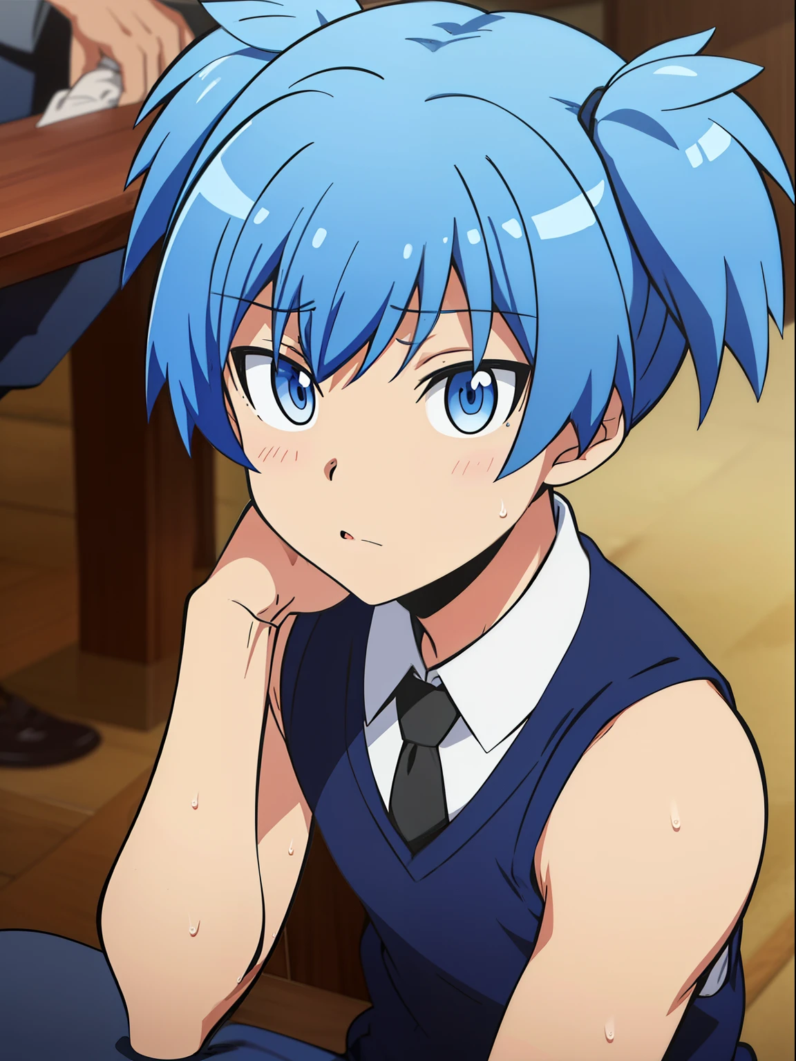 masterpiece, best quality, high quality, 1boy, solo, male focus, looking at viewer, upper body, shiota_nagisa, blue hair, blue eyes, Tank top, sweat, necktie, vest, short twintails