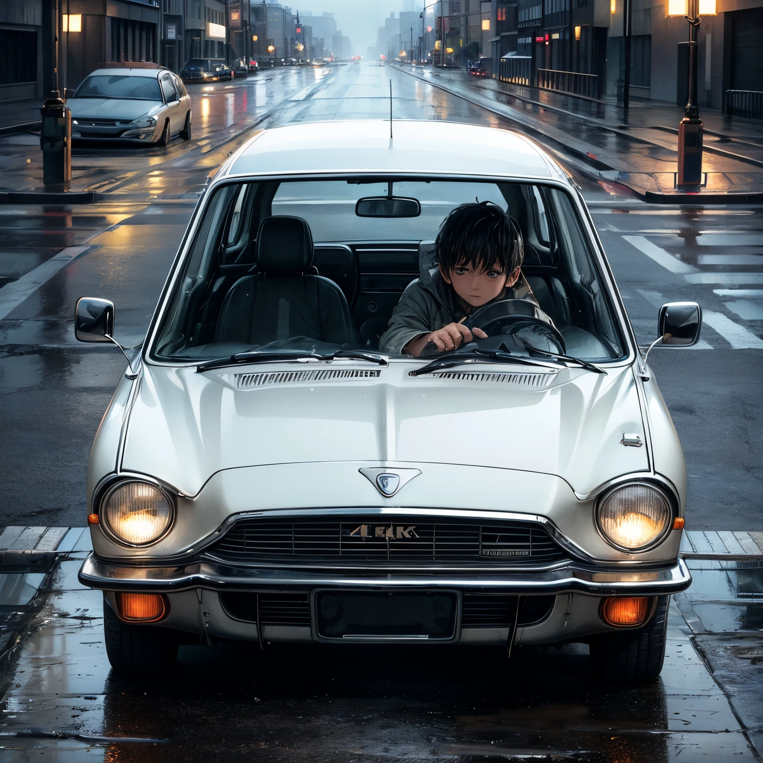 (best quality,4k,8k,highres,masterpiece:1.2),ultra-detailed,(realistic,photorealistic,photo-realistic:1.37),cartoon,boy washing a car,sad expression,homeless,gritty landscape,dirty car,misty background,wet floor,water droplets,city street,loneliness,gutter,cracked pavement,muted colors,faded clothes,hopelessness,reflection in the car window,weathered hands,gentle spirit,street lamp,overcast sky,shadows,determination,hard work,hardship,worn-out sneakers,rainy day,empty pockets,dignity,perseverance,thin frame,dusty windshield,soapy water,rubber gloves,lack of opportunity,poverty,desolation,compassion,careworn face,innocence,timelessness