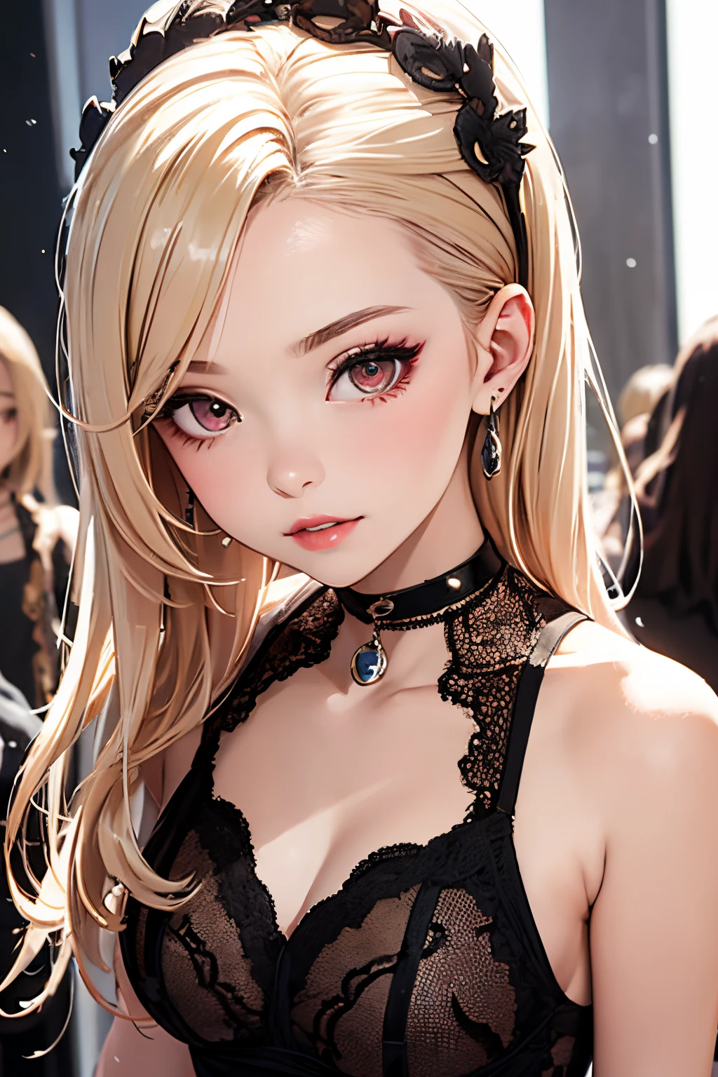 one girls:1.5、Cute baby face、１４age、parfect anatomy、Red Eye Shadow、red lipsticks、slightly pink cheeks、de pele branca、ash blonde、Black Dress、Eight-headed body、small tits、Unique hairstyle、a choker、top-quality、ultra-detailliert、High quality detailing、portlate、masuter piece