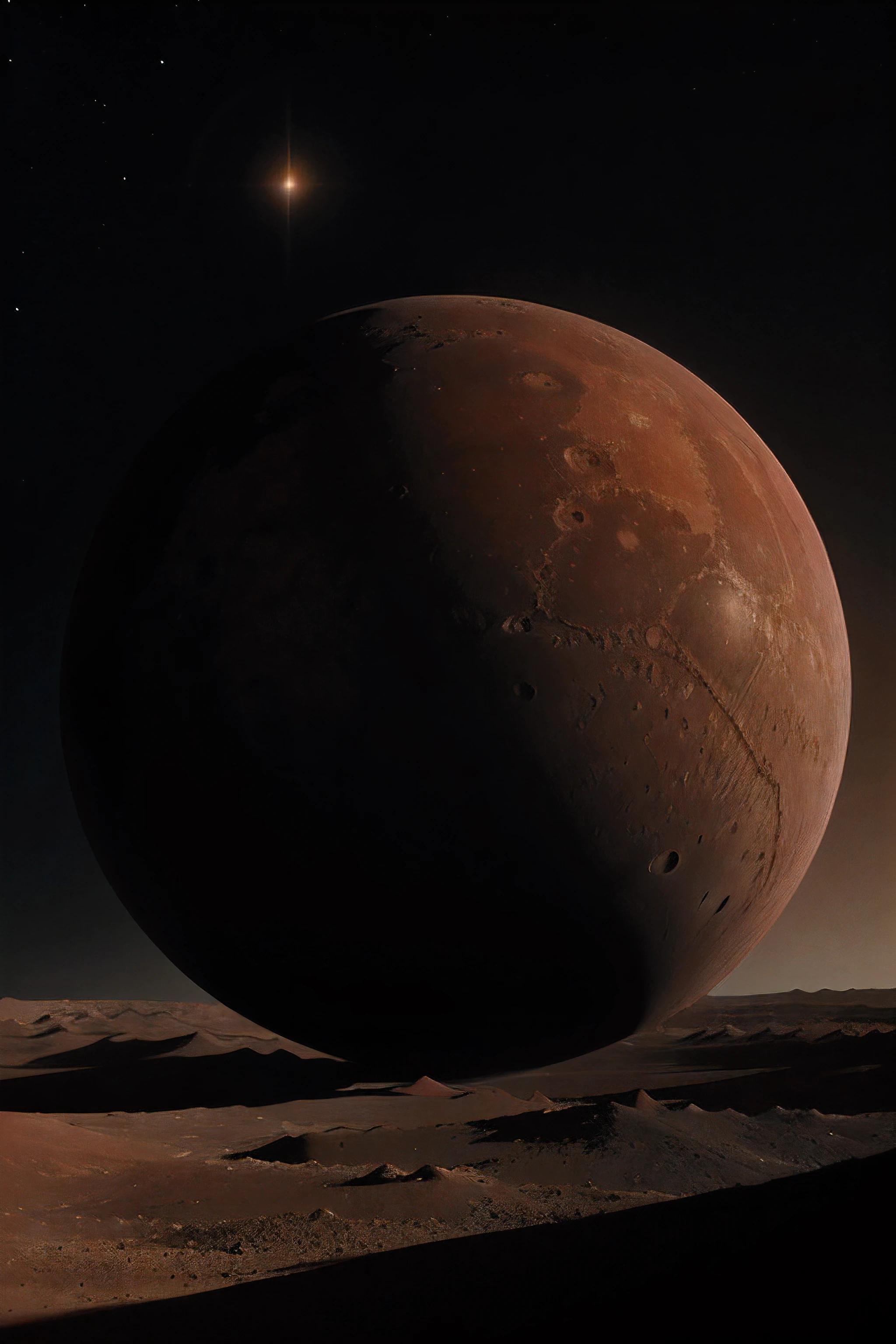 red planet, few craters, the full view of the planet from the distance, background is black, no any objects around