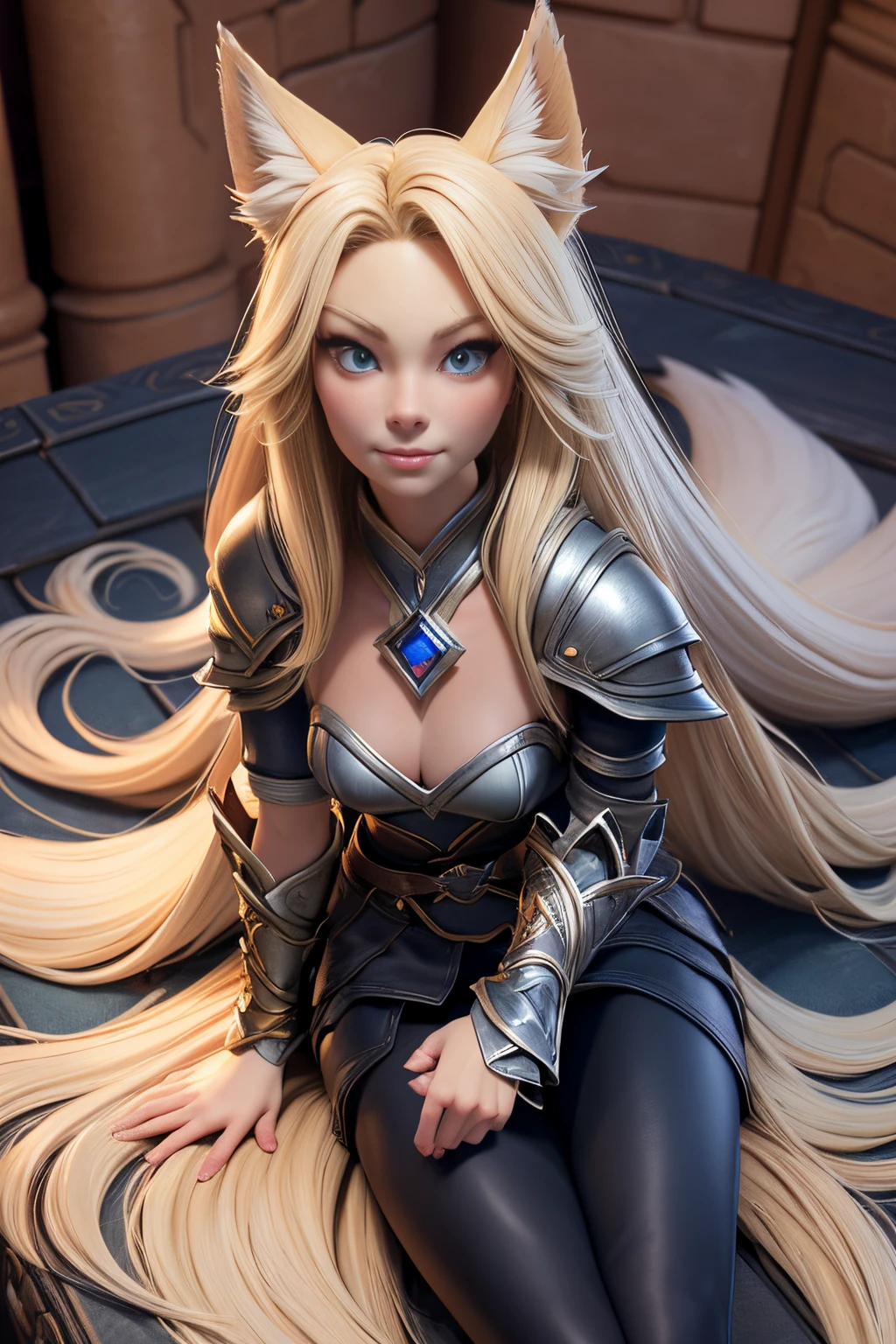 Beautiful 1girl, full body, teenager, solo, (very long waist length blonde hair, straight blonde hair: 1.28), ((light blue eyes)), clear skin, (large darker fox ears: 1.35), pale skin, medium breasts, cleavage, (thin hips, thin waist , athletic body: 1.25), background, looking away, ((wearing leather Warcraft leather armor, leather warrior skirt: 1.1), looking at viewer, (lying down, lounging, looking up at viewer: 1.22),), on castle rooftop, masterpiece, best quality,3d rending work ,3DMM style, close-up, portrait, 3D,