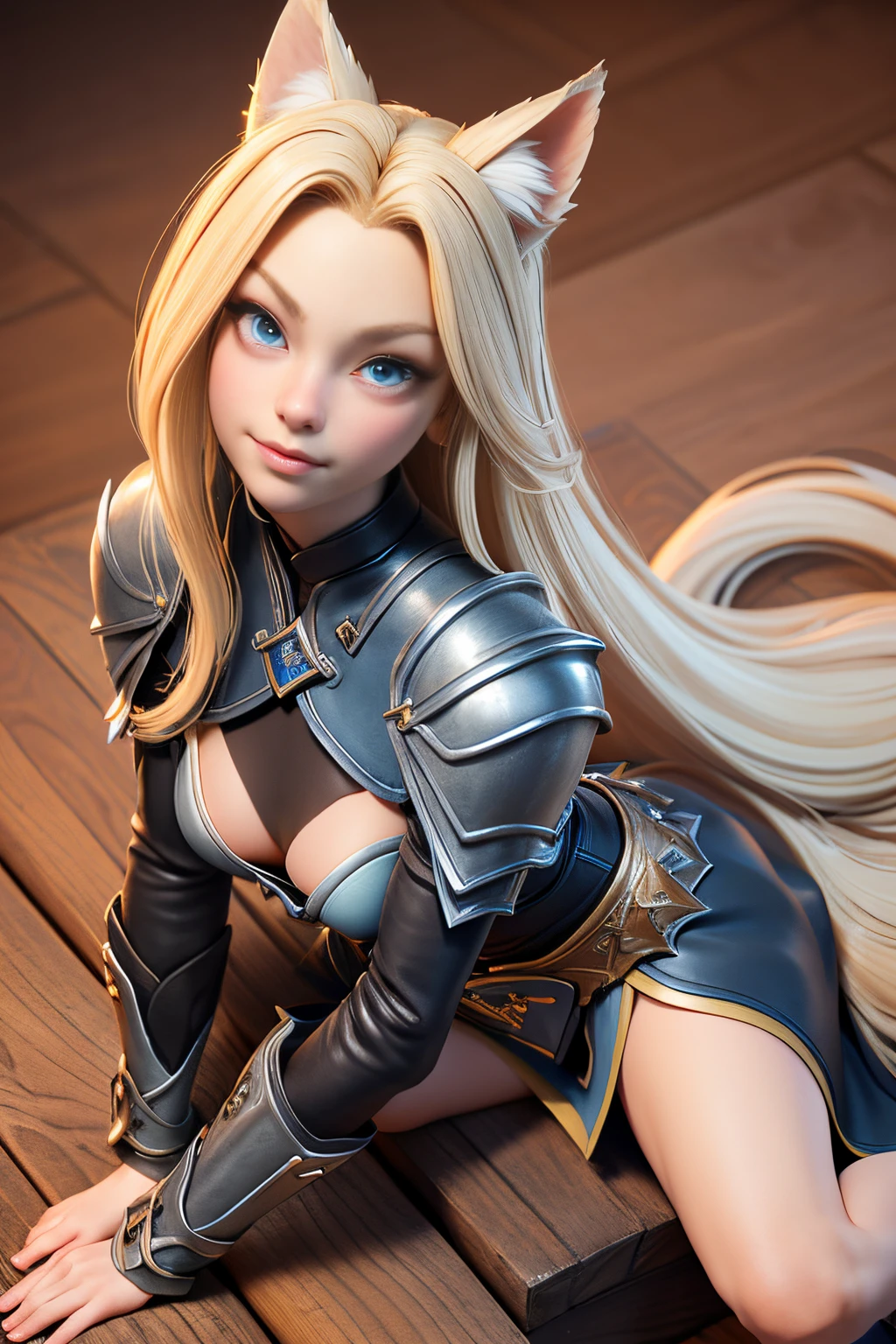Beautiful 1girl, full body, ager, solo, (very long waist length blonde hair, straight blonde hair: 1.28), ((light blue eyes)), clear skin, (large darker fox ears: 1.35), pale skin, medium breasts, cleavage, (thin hips, thin waist , athletic body: 1.25), background, looking away, ((wearing leather Warcraft leather armor, leather warrior skirt: 1.1), looking at viewer, (lying down, lounging, looking up at viewer: 1.22),), on castle rooftop, masterpiece, best quality,3d rending work ,3DMM style, close-up, portrait, 3D,