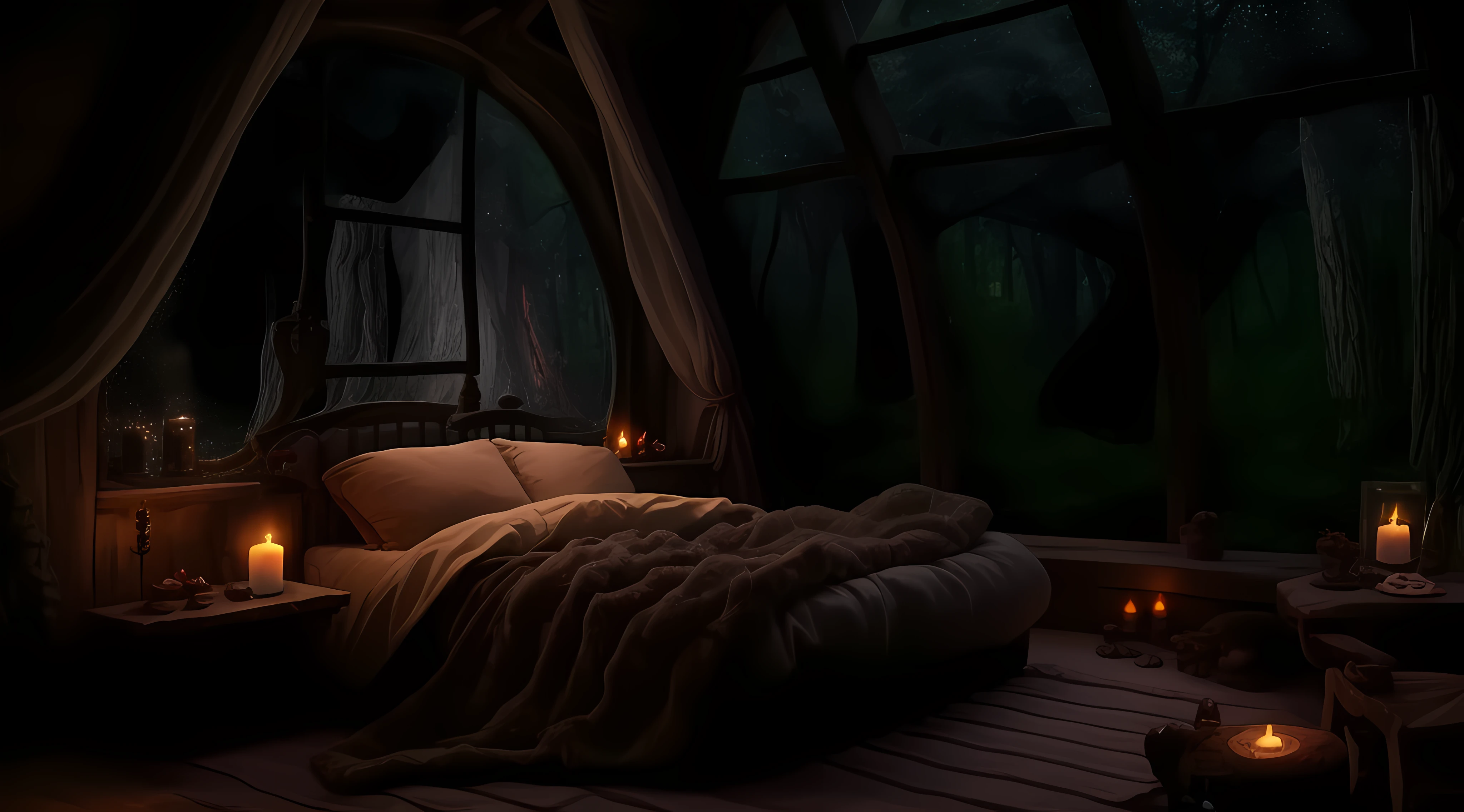 arafed bedroom with a bed and a lot of candles, large windows to forest at night, cozy night fireflies, cozy treehouse bedroom, cozy place, cozy atmospheric, cozy and peaceful atmosphere, dark bedroom, dreamy night, cozy bed, cosy enchanted scene, cozy environment, comfy ambience, sweet night ambient, dimly lit bedroom, dreamy atmosphere