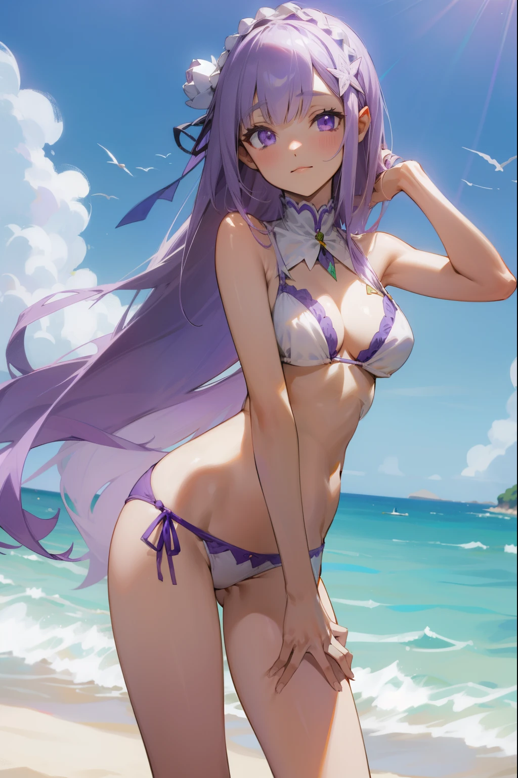 piernas delgadas, escote, falda corta, ombligo, purple eyes, Emilia, estar de pie, cana, Cabello largo, Bikini de corbata lateral, Playa, feliz