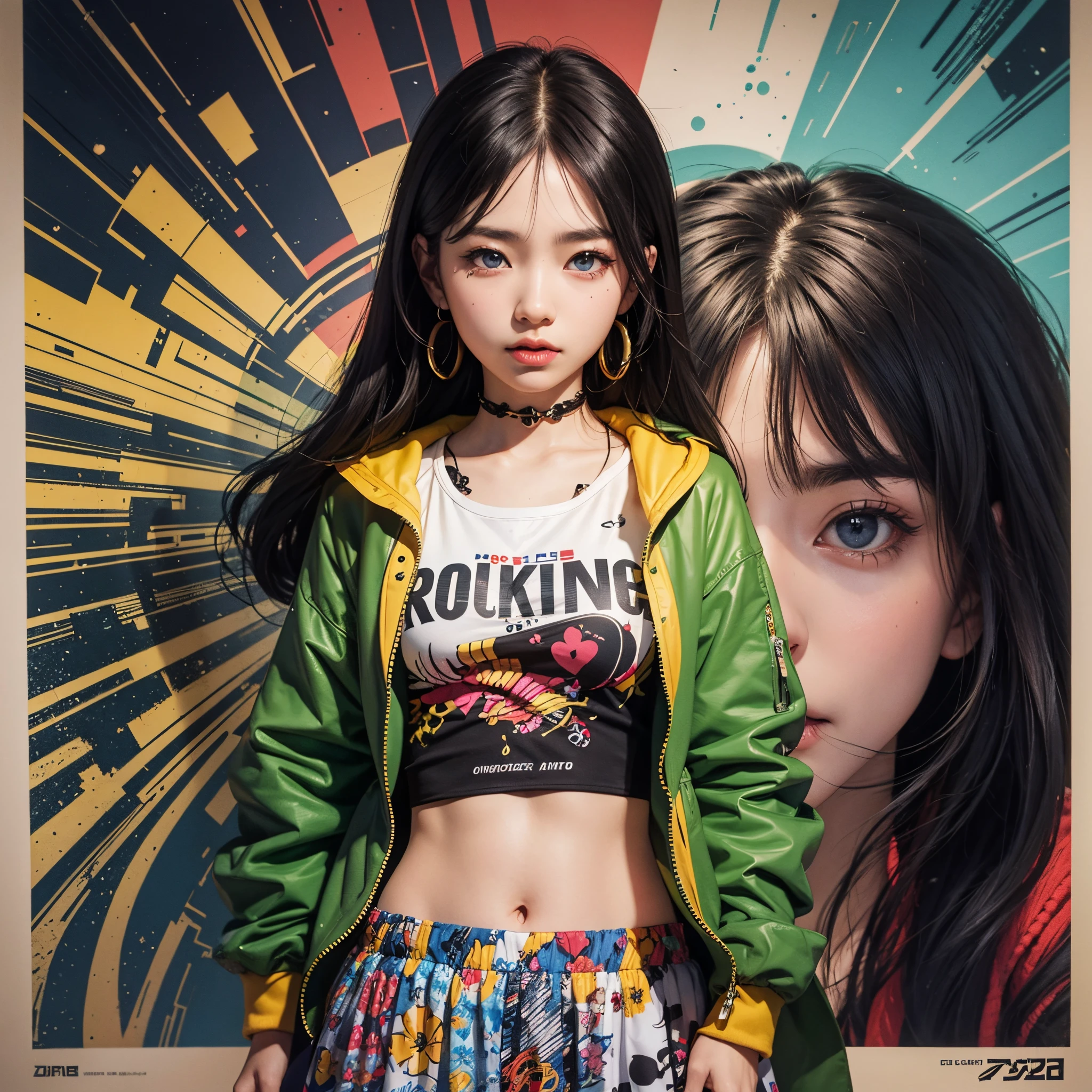delinquent girl, cute girls, Bad youth ,kamikaze clothes, long hair,floating hair, movie poster ,zen'in maki,zentangle,ear piercing,yellow eyes, 2line hair,short bob cut,solo,colofull,skirt,jacket,harajuku wear, blue eyes,monochrome,+++ ,colorful dissolution,Yayoi Kusama