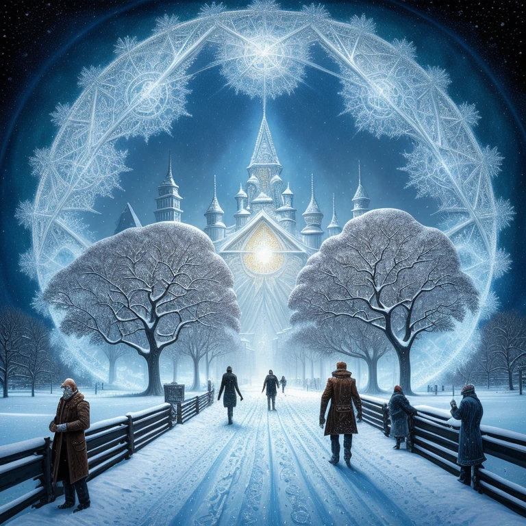 a painting of a snowy scene with a couple walking through the snow, kilian eng and thomas kinkade, winter scene fantasy, highly detailed visionary art, visionary art, breathtaking art, inspired by tomasz alen kopera, winter armosphere, jungian symbols of winter, intricate sparkling atmosphere, rob mcnaughton, hyper - detailed visionary art