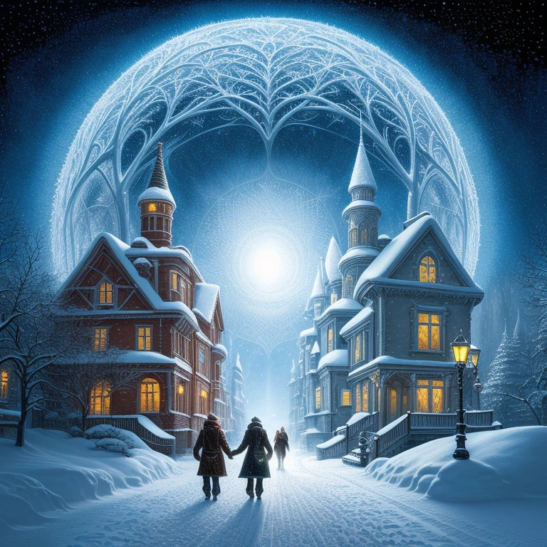 a painting of a snowy scene with a couple walking through the snow, kilian eng and thomas kinkade, winter scene fantasy, highly detailed visionary art, visionary art, breathtaking art, inspired by tomasz alen kopera, winter armosphere, jungian symbols of winter, intricate sparkling atmosphere, rob mcnaughton, hyper - detailed visionary art