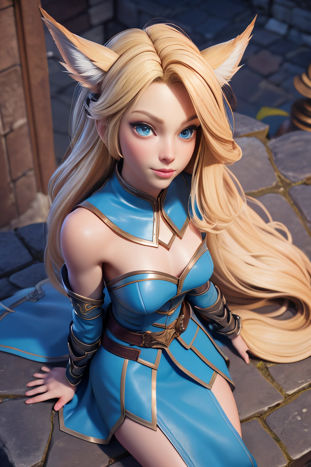 arcane style, 1girl, , tattoo , portrait, long hair, bangs, breasts, freckles, blue eyes, large breasts, looking at the viewer, tattoo on the neck, piercing on the nose, yellow hair, blonde, scar, scar on the face , solo, tattoo on the face, upper body, thighs, blue(pantyhose), detailed background, city, alley, dark alley, portrait, , night, bravo, close , ((masterpiece)), absurdities