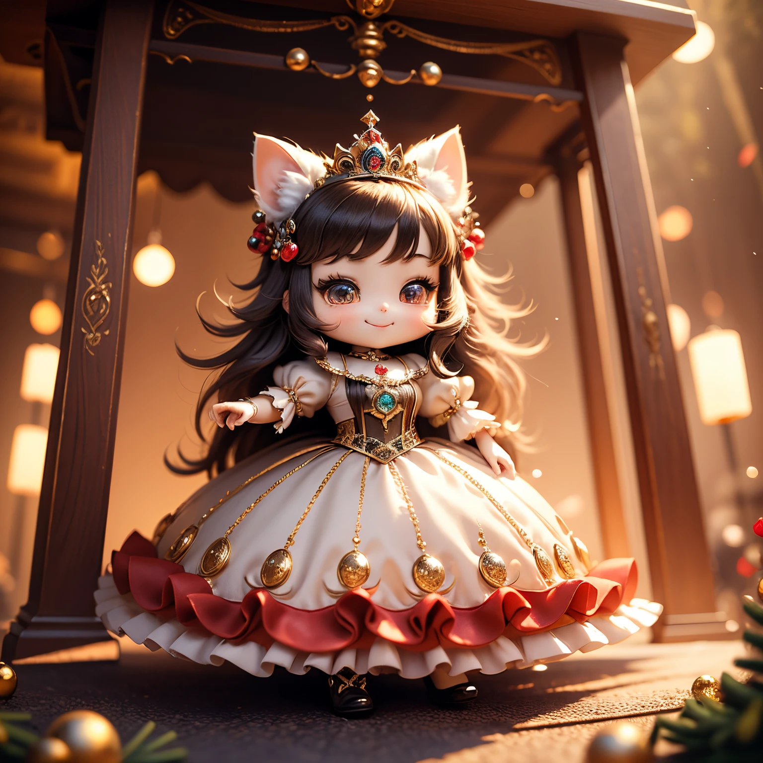 masterpiece、top-quality、ultra-detailliert、(Chibi Chara Princess:1.2)、Princess dress with luxurious decorations、A smile、Full-body standing figure、Gorgeous Christmas Tree