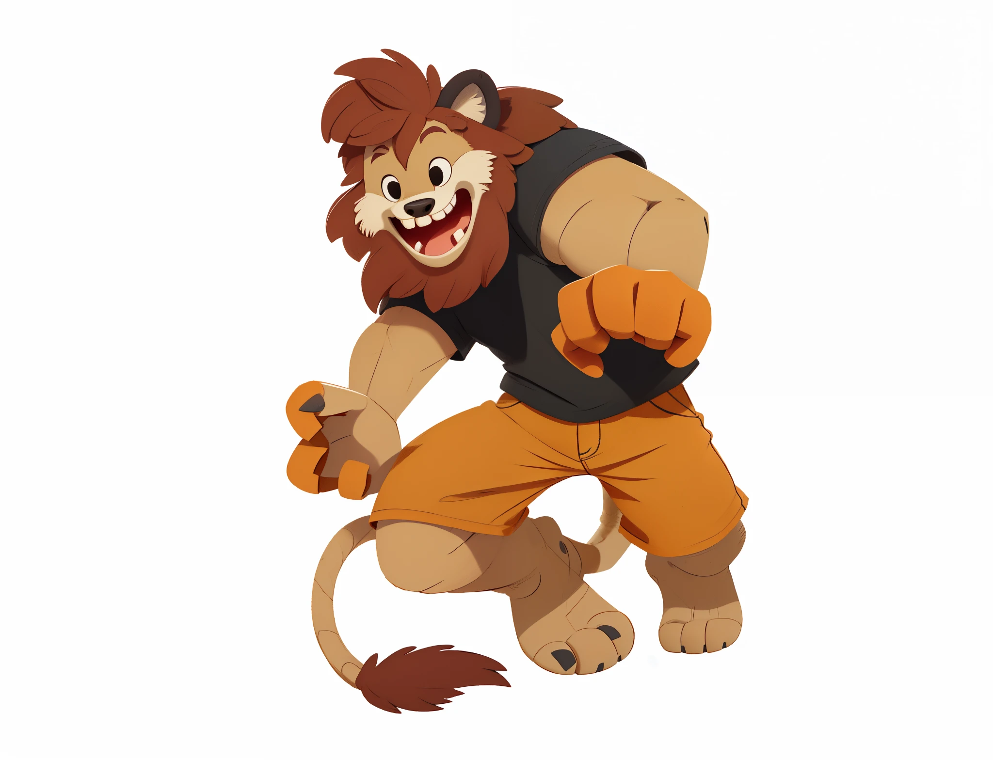 a beautiful lion boy, (definir juba ruiva bonita, camiseta preta, orange shorts, com calda detalhada, (detailed feets), big eyes perfections looking at the public, Lion, mascote, tom, Estilo Pixar, ..3d, Desenho anime, detailed hands, symmetric, corpo inteiro, sozinho