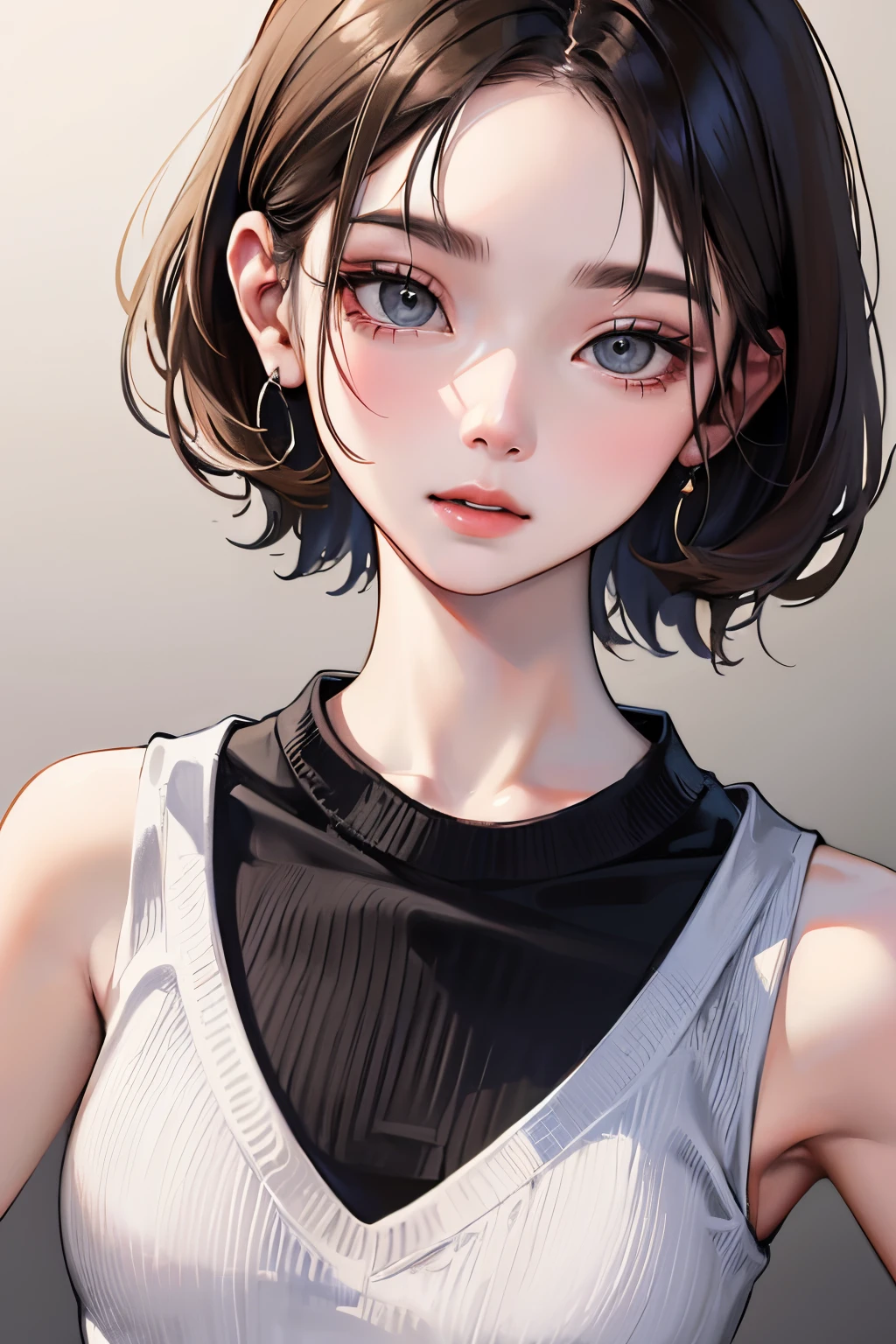 (Top resolution、Distinct_image)top-quality、femele、masterpiece、ighly detailed、Semi-realistic、Black short hair、Dark hair、grey eyes、21years old、shoulder-length hair、Mature、年轻、V-neck sweater、Exquisite facial features