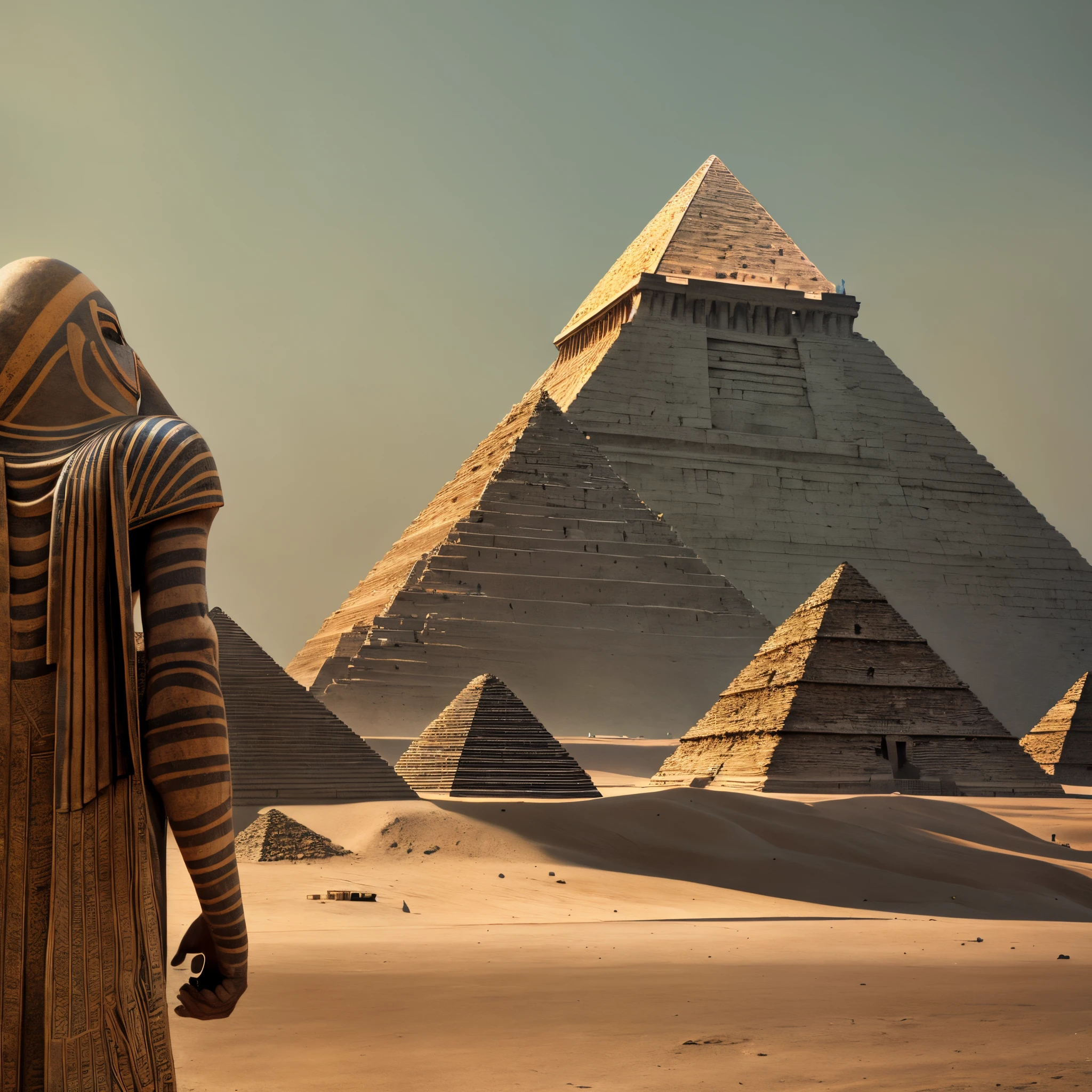 Arafed statue of a man in a hood standing in front of a pyramid - SeaArt AI