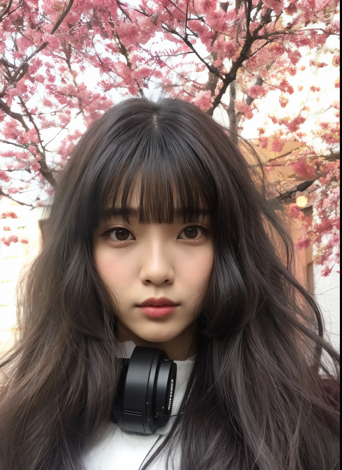airy woman with headphones in front of a tree, cabelo arrumado com franja, franja e cabelos ondulados, com franja, Chiho, franja fofa, cabelo ondulado preto com franja, Yoshitomo Nara, cabelos longos com franja, O corte Hime, Xintong Chen, com franja completa, Sakura Kinomoto, Rosto bonito das meninas japonesas