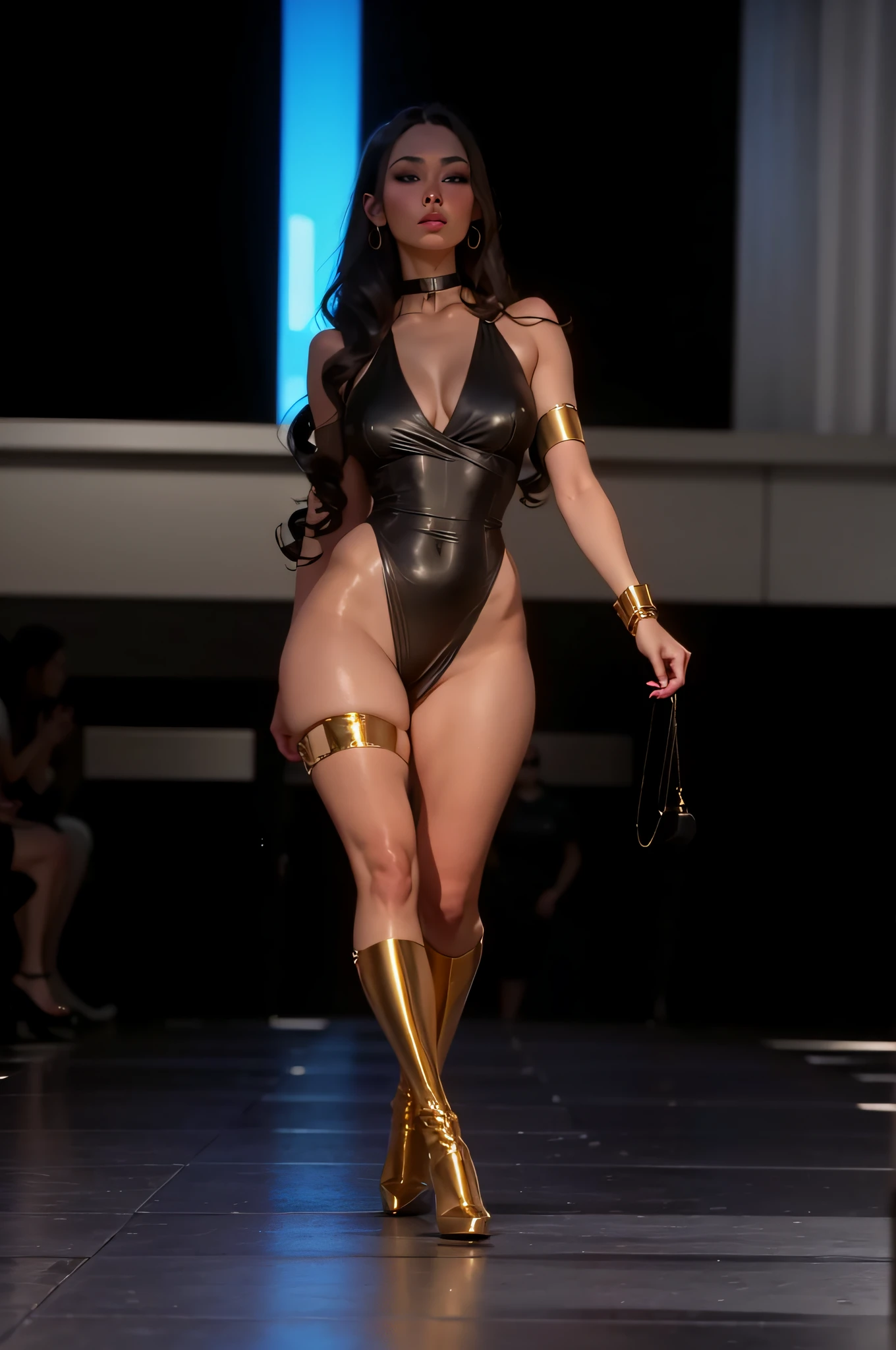 Long, curly hair. choker. gigantic breasts. huge hips. bbw. bow. gold armor. Thigh-high boots. cleavege, warm background, a woman in a black dress walking on a runway, glamorous runway model, on the runway, fashion show runway, fashion show photo, fashion runway, runway photo, fashion show, walking down the catwalk, catwalk photo, intricate outfit, full body length, revealing outfit, by Byron Galvez, full body model, shiny black dress, tight attire