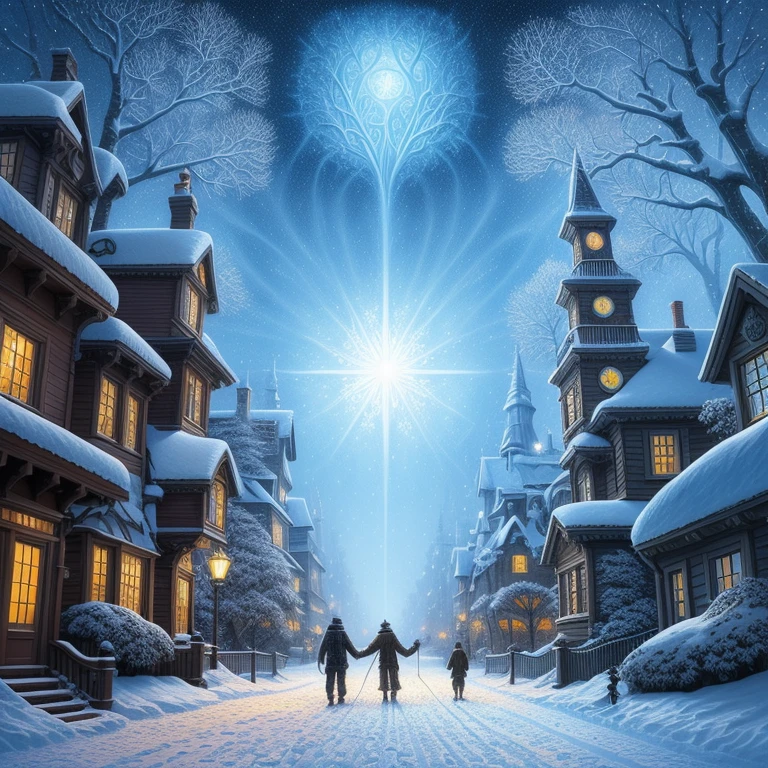 a painting of a snowy scene with a couple walking through the snow, kilian eng and thomas kinkade, winter scene fantasy, highly detailed visionary art, visionary art, breathtaking art, inspired by tomasz alen kopera, winter armosphere, jungian symbols of winter, intricate sparkling atmosphere, rob mcnaughton, hyper - detailed visionary art