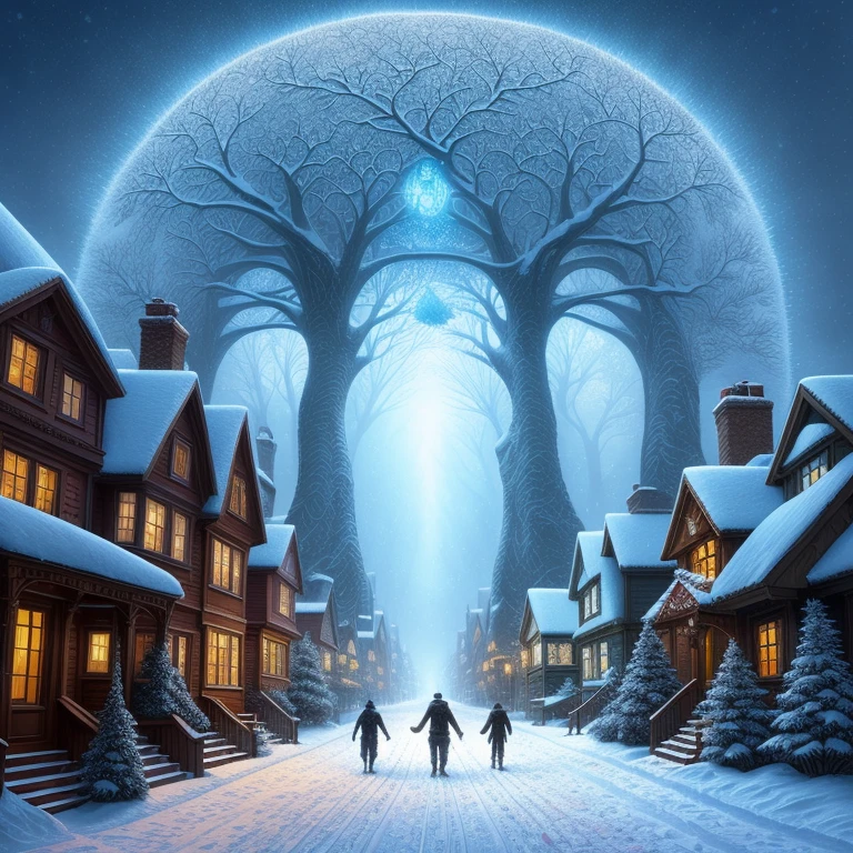 a painting of a snowy scene with a couple walking through the snow, kilian eng and thomas kinkade, winter scene fantasy, highly detailed visionary art, visionary art, breathtaking art, inspired by tomasz alen kopera, winter armosphere, jungian symbols of winter, intricate sparkling atmosphere, rob mcnaughton, hyper - detailed visionary art