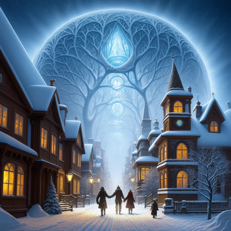 a painting of a snowy scene with a couple walking through the snow, kilian eng and thomas kinkade, winter scene fantasy, highly detailed visionary art, visionary art, breathtaking art, inspired by tomasz alen kopera, winter armosphere, jungian symbols of winter, intricate sparkling atmosphere, rob mcnaughton, hyper - detailed visionary art