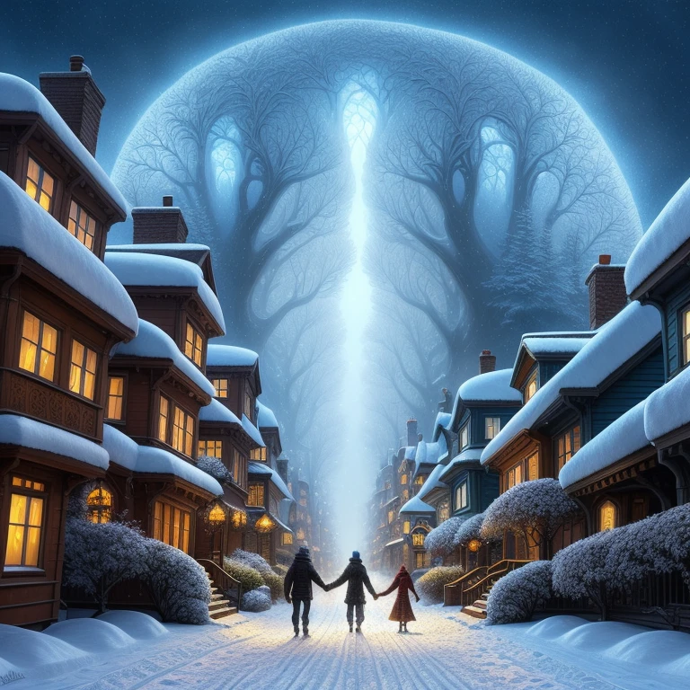 a painting of a snowy scene with a couple walking through the snow, kilian eng and thomas kinkade, winter scene fantasy, highly detailed visionary art, visionary art, breathtaking art, inspired by tomasz alen kopera, winter armosphere, jungian symbols of winter, intricate sparkling atmosphere, rob mcnaughton, hyper - detailed visionary art