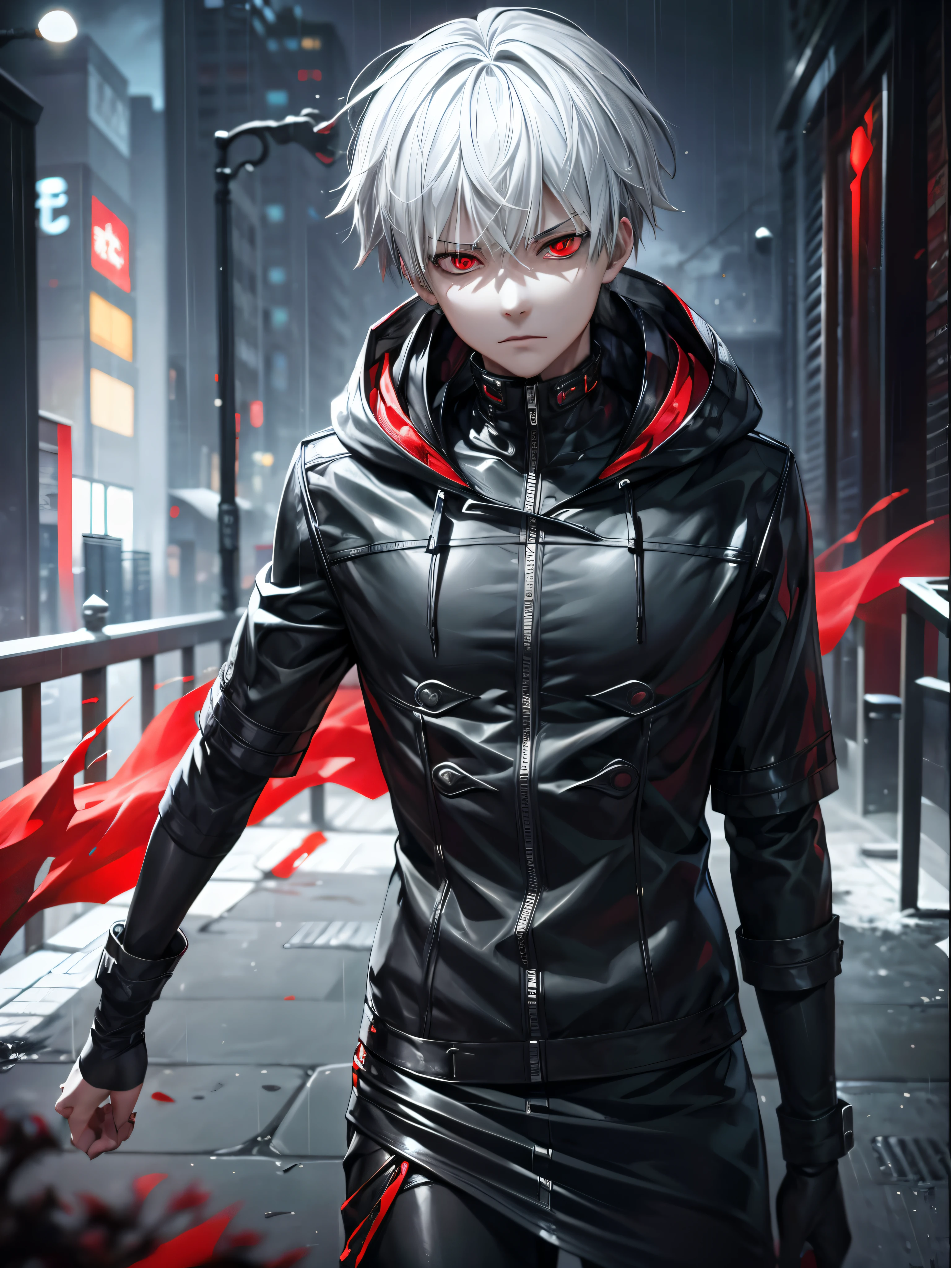 A male character, Kaneki Ken, hoodie, dripping rain, red and black color palette, detailed eyes and face, red eyes, silver hair, menacing aura, dark ambiance, mysterious atmosphere, intense expression,  setting, smoke and shadows, haunting presence, stylish and edgy, ray tracing, perfect blend of light and darkness, intense gaze, captivating presence, sleek and sharp, contrast of red and black, intense emotions, supernatural powers suggested, rain-soaked streets, an air of danger, enigmatic persona,  gothic aesthetic, stormy weather, captivating and alluring, a touch of blood red, smoky streets, brooding protagonist, stormy skies