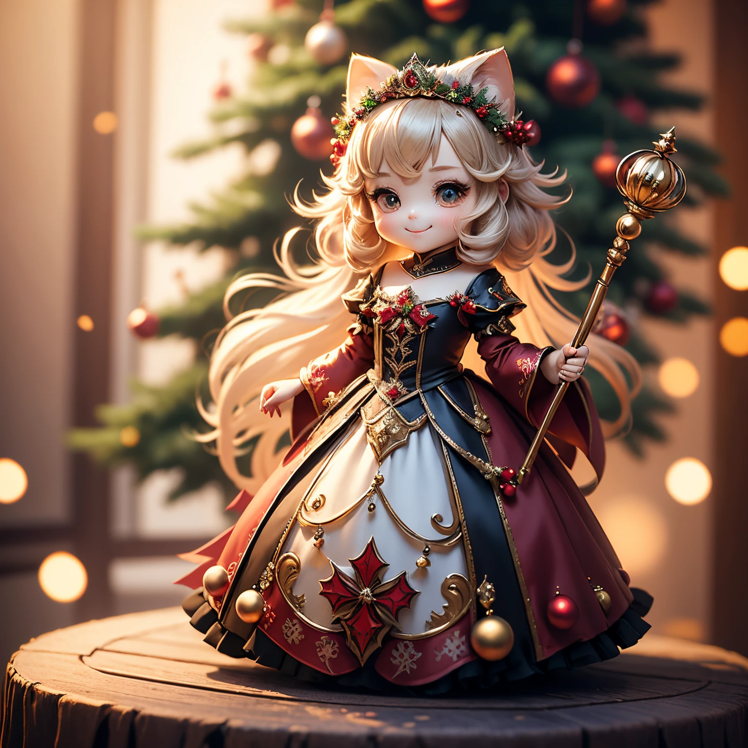 ​masterpiece、top-quality、ultra-detailliert、（Chibi Chara Princess：1.2）、Princess dress with luxurious decorations、A smile、Full-body standing figure、(Gorgeous Christmas Tree:1.2)、(holding magic wand:1.2)