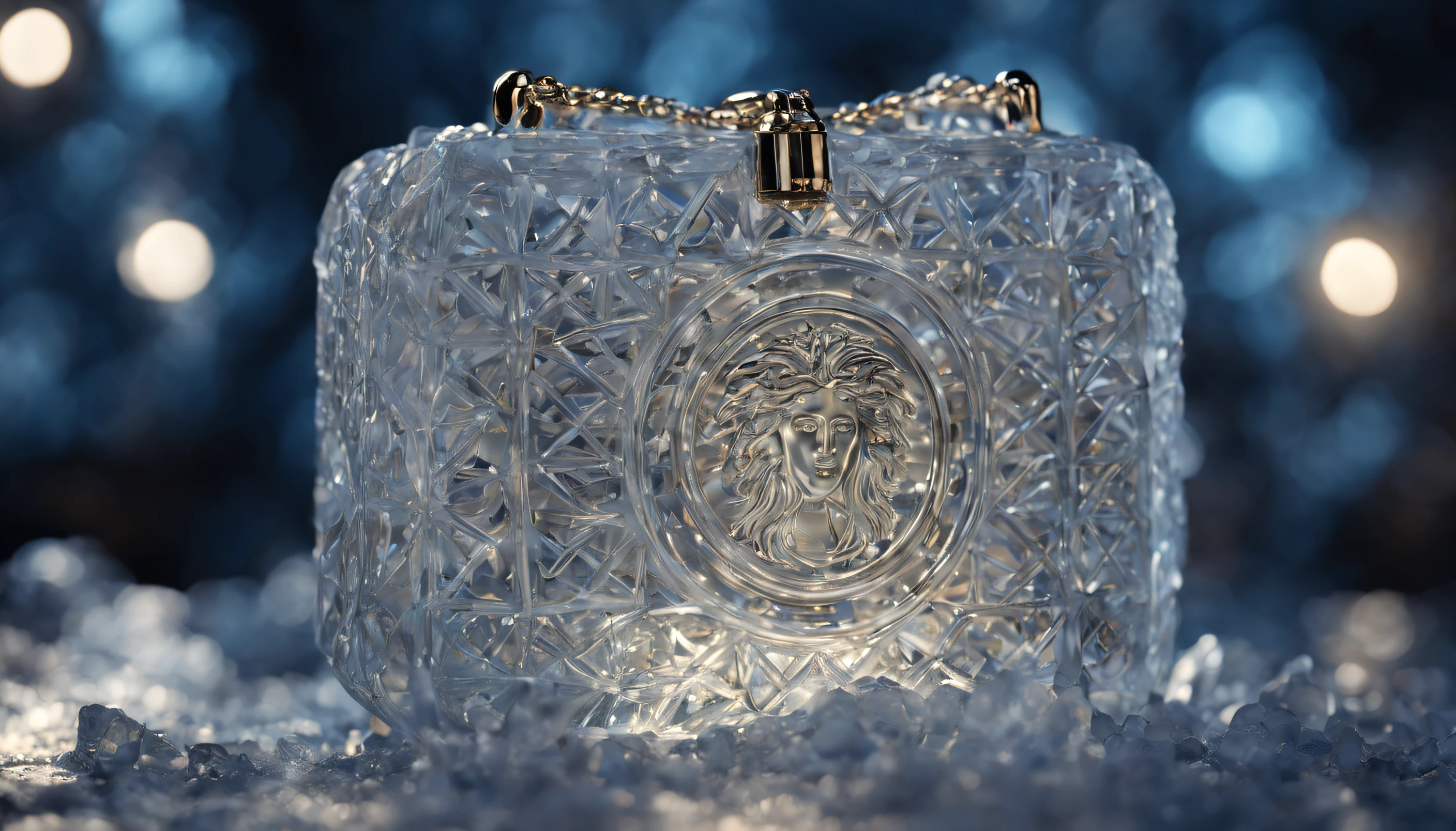 Versace Purse made of ice, night background, atmospheric lighting, 4k UHD, dark vibes, hyper detailed, vibrant colours, epic composition, octane render, sharp focus, high resolution isometric, fantastic art,