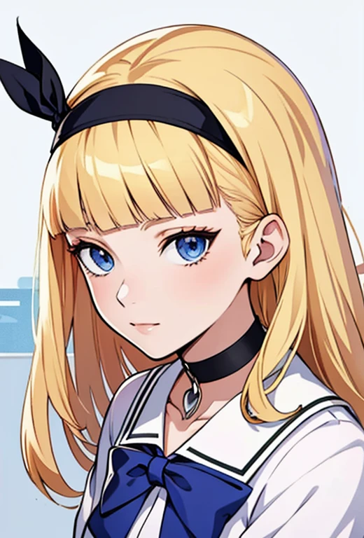 Masterpiece , best quality , solo , 1FEMALE , medium blonde hair with bangs , blue eyes , scar over right eye , pale skin , soft smile , persona 5 girls school uniform , choker around neck , background , black headband on head