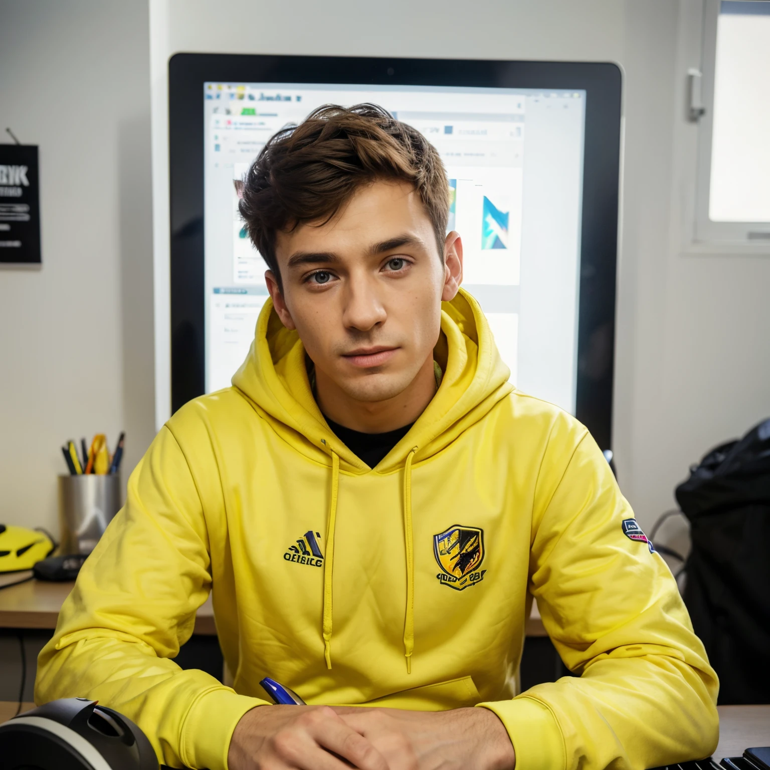 arafed man in yellow hoodie sitting at desk with laptop, anton fadeev 8 k, twitch streamer / gamer ludwig, mrbeast, youtuber, wearing a yellow hoodie, irish youtuber, f 1 driver charles leclerc, medium shot portrait, kacper niepokolczycki, video screenshot, mr beast, by Alexander Runciman
