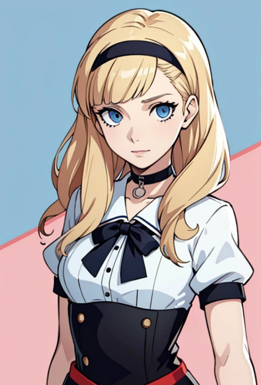 Masterpiece , best quality , solo , 1FEMALE , medium blonde hair with bangs , blue eyes , scar over right eye , pale skin , soft smile , persona 5 girls school uniform , choker around neck ,  background , black headband on head