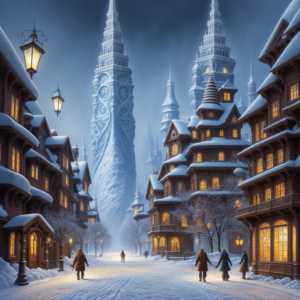 a painting of a snowy scene with a couple walking through the snow, kilian eng and thomas kinkade, winter scene fantasy, highly detailed visionary art, visionary art, breathtaking art, inspired by tomasz alen kopera, winter armosphere, jungian symbols of winter, intricate sparkling atmosphere, rob mcnaughton, hyper - detailed visionary art