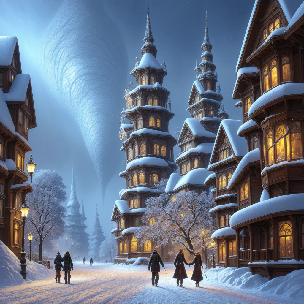 a painting of a snowy scene with a couple walking through the snow, kilian eng and thomas kinkade, winter scene fantasy, highly detailed visionary art, visionary art, breathtaking art, inspired by tomasz alen kopera, winter armosphere, jungian symbols of winter, intricate sparkling atmosphere, rob mcnaughton, hyper - detailed visionary art