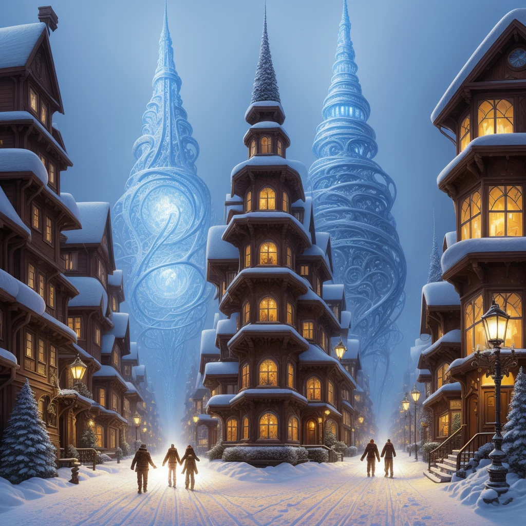 a painting of a snowy scene with a couple walking through the snow, kilian eng and thomas kinkade, winter scene fantasy, highly detailed visionary art, visionary art, breathtaking art, inspired by tomasz alen kopera, winter armosphere, jungian symbols of winter, intricate sparkling atmosphere, rob mcnaughton, hyper - detailed visionary art