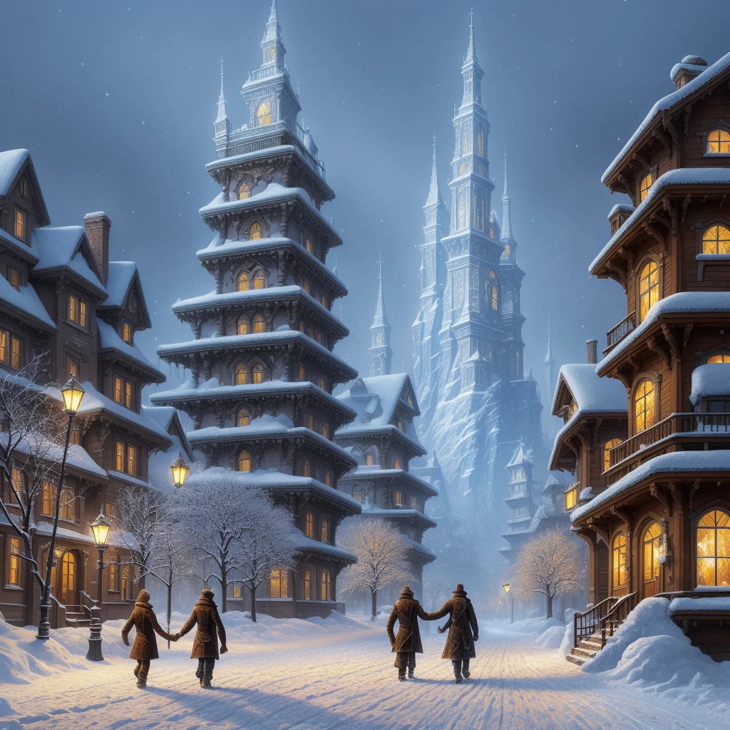 a painting of a snowy scene with a couple walking through the snow, kilian eng and thomas kinkade, winter scene fantasy, highly detailed visionary art, visionary art, breathtaking art, inspired by tomasz alen kopera, winter armosphere, jungian symbols of winter, intricate sparkling atmosphere, rob mcnaughton, hyper - detailed visionary art