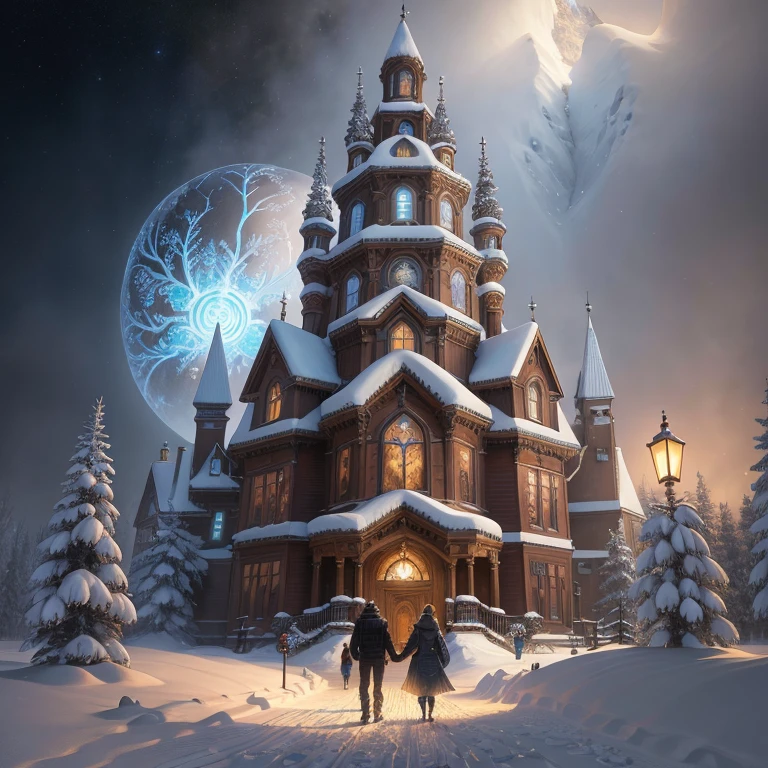 a painting of a snowy scene with a couple walking through the snow, kilian eng and thomas kinkade, winter scene fantasy, highly detailed visionary art, visionary art, breathtaking art, inspired by tomasz alen kopera, winter armosphere, jungian symbols of winter, intricate sparkling atmosphere, rob mcnaughton, hyper - detailed visionary art