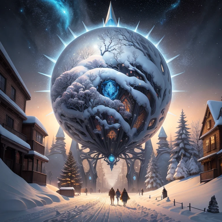 a painting of a snowy scene with a couple walking through the snow, kilian eng and thomas kinkade, winter scene fantasy, highly detailed visionary art, visionary art, breathtaking art, inspired by tomasz alen kopera, winter armosphere, jungian symbols of winter, intricate sparkling atmosphere, rob mcnaughton, hyper - detailed visionary art