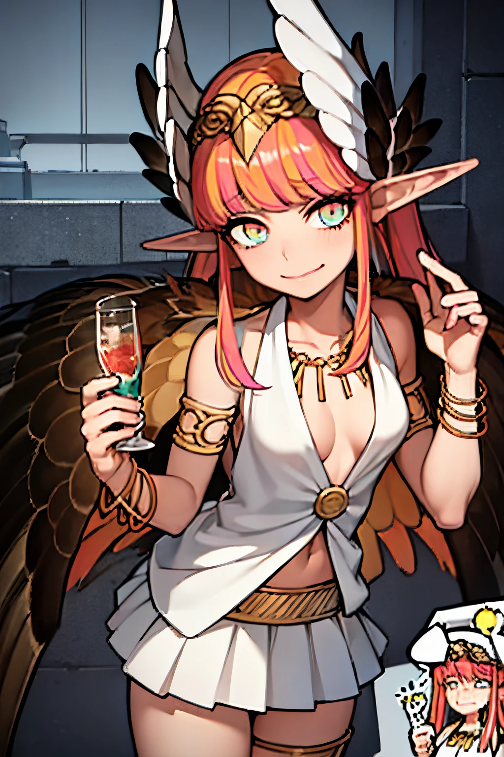 master part,melhor qualidade,1girl,Mature female,Circe \(destino\),Circerud,cabelo rosa,rainbow eyes,penanormal,wearing white suit, ,white business suit,gravata))),sorrir,separated-lips,dentro,interior da vivenda de luxo,