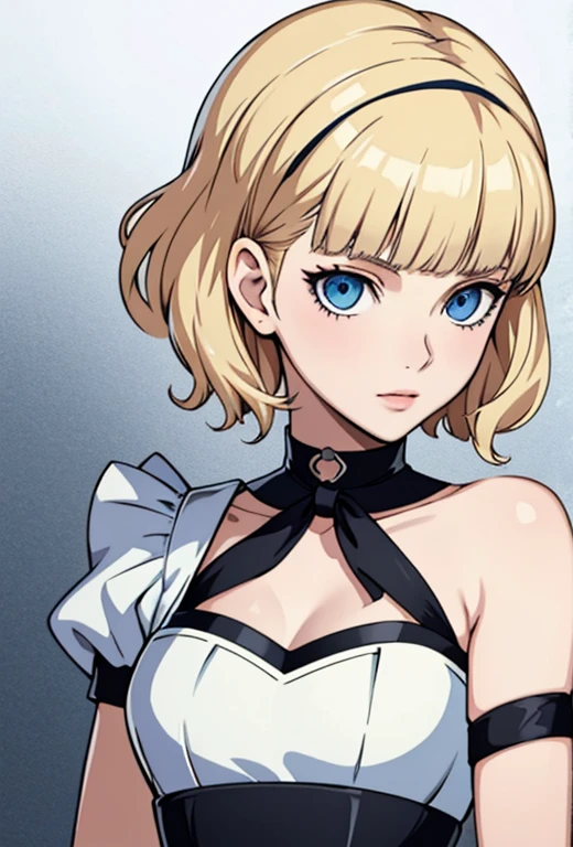 Masterpiece , best quality , solo , 1FEMALE , short blonde hair with bangs , blue eyes , scar over right eye , pale skin , soft smile , persona 5 girls school uniform , choker around neck ,  background , black headband on head