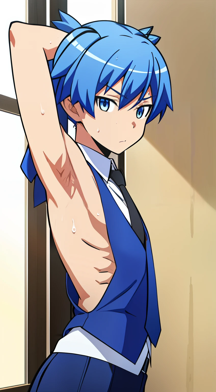 masterpiece, best quality, high quality, 1boy, solo, male focus, looking at viewer, upper body, shiota_nagisa, blue hair, blue eyes, (Showing armpit:1.2), Tank top, sweat, necktie, vest, short twintails