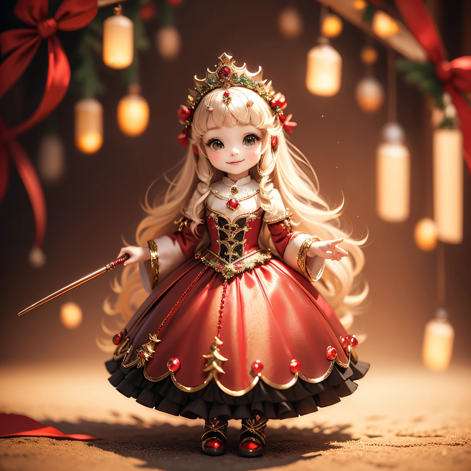 masterpiece、top-quality、ultra-detailliert、(Chibi Chara Princess:1.2)、Princess dress with luxurious decorations、A smile、Full-body standing figure、(Gorgeous Christmas Tree:1.2)、(holding magic wand:1.2)