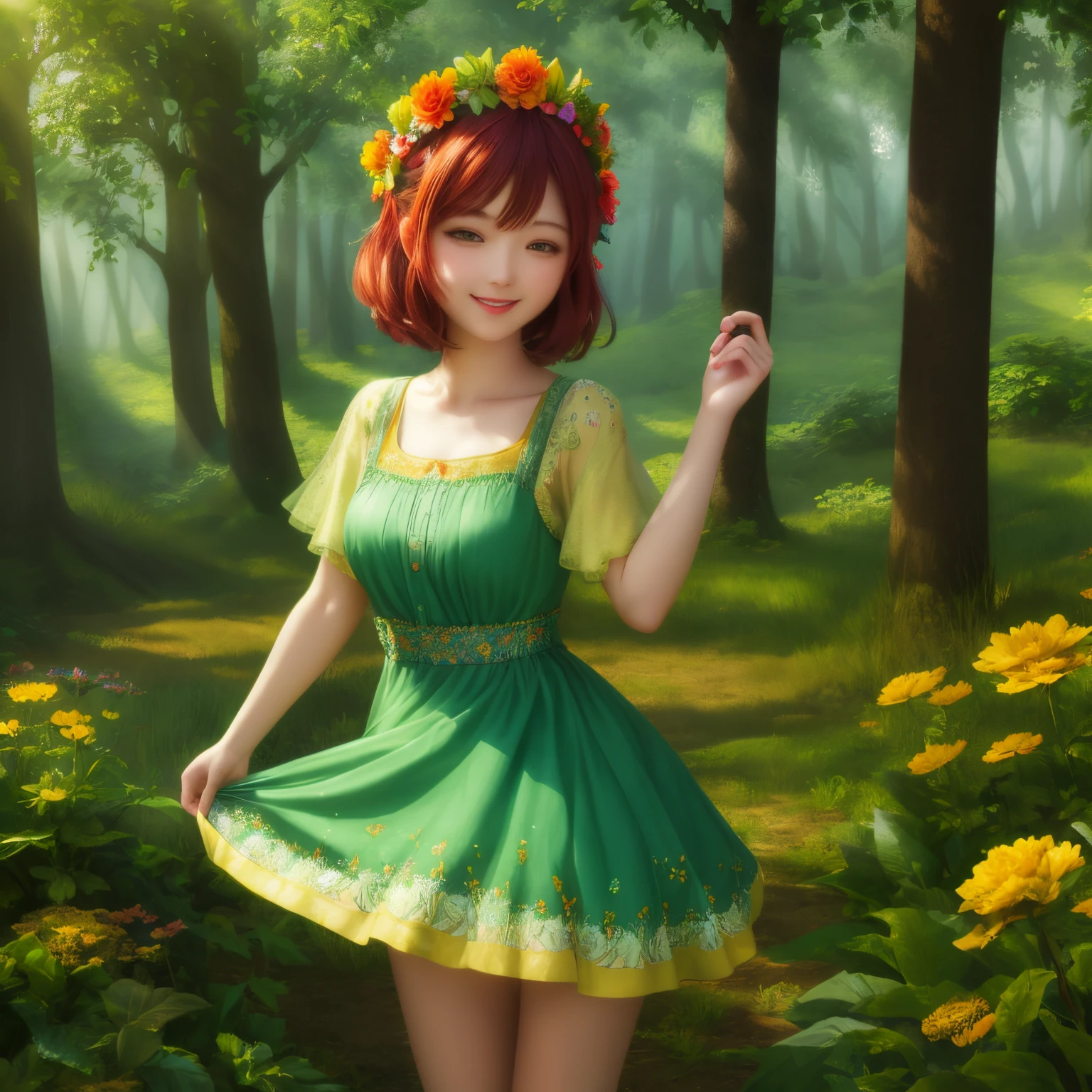 1woman In the forest, wear a flower crown,short dress,Smile,vibrant colors, colorful art style, soft shadows, detailed textures, dynamic lighting, ultra detailed