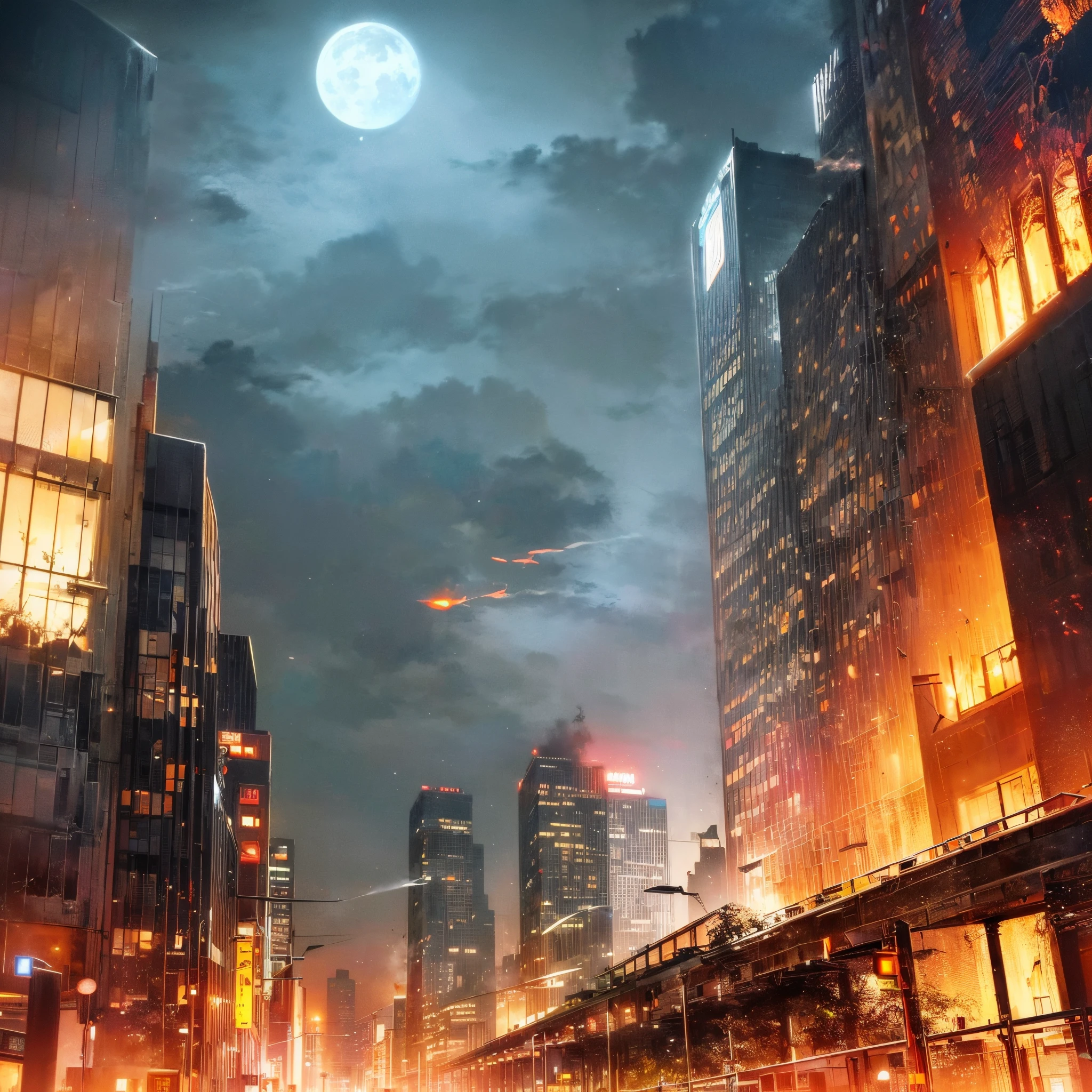 (destructed modern city, black flames all around, night scene, bright moon in the background, eerie atmosphere, ruins, smoke, glowing embers, abandoned buildings, dark sky, hauntingly beautiful)