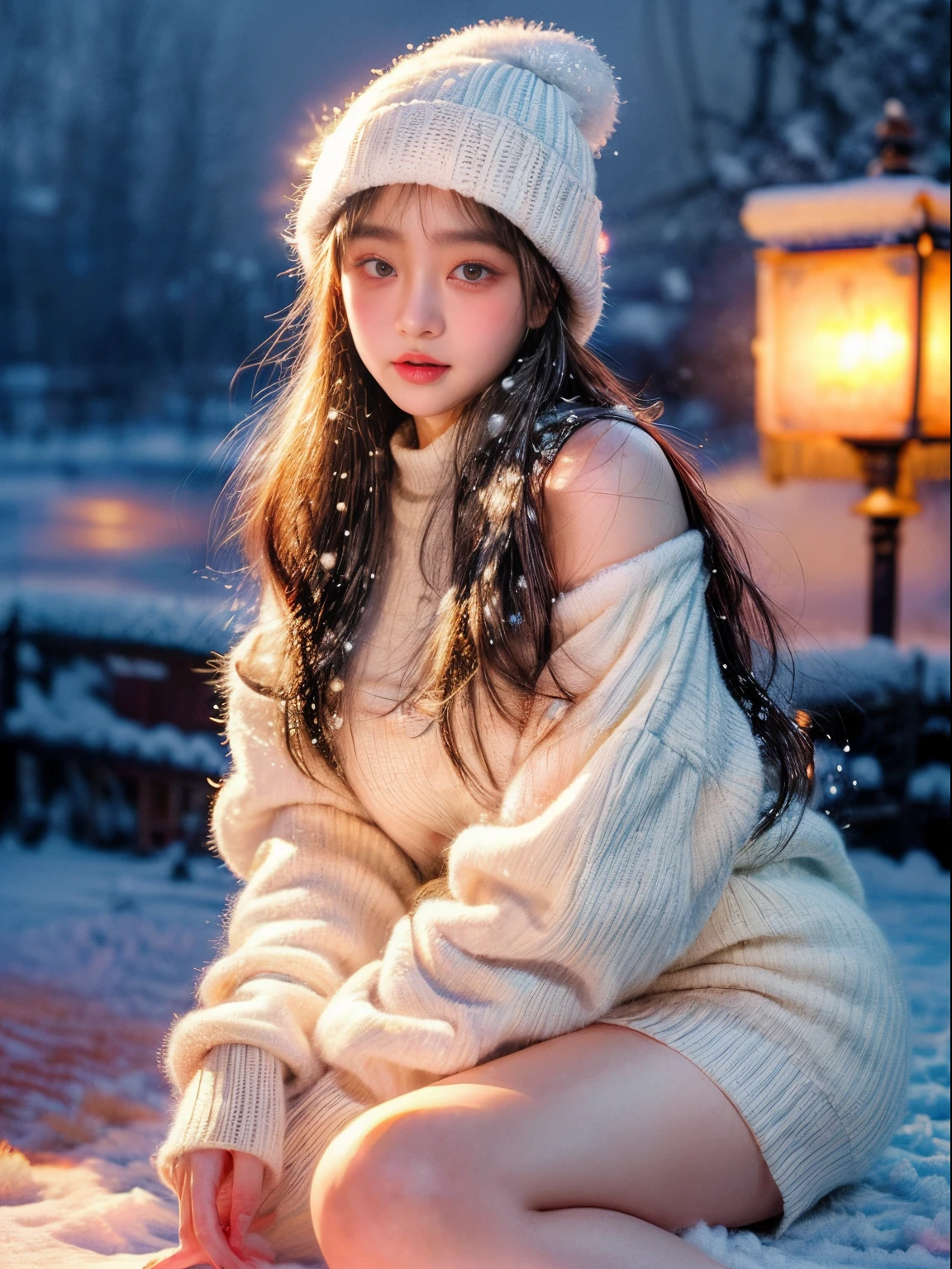 ​masterpiece、8K、32K、top-quality、(A detailed eye)、(A cute Japanese woman、bangss)、23years old、1 girl in、elegent、(Detailed background depiction、portlate:1.2)、(illuminations、Snow:1.4)、(Best Down:1.3)、(knit hat)、beauty legs、(Snow:1.4)、(blushed face、Cheerful:1.4)、Voluptuous