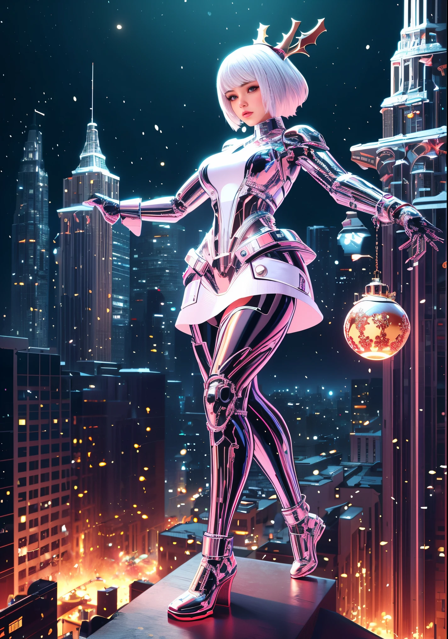 1 Glowing Christmas Mechanical Girl，Futuristic girl，Mechanical Union Christmas City Background，model shoot style, (extremely detaild的 CG unified 8k wallpapers), The beauty of abstract style,，hyper realisitc, 8K, super detailing, Best quality, Award-Awarded, Anatomically correct, 16k, super detailing