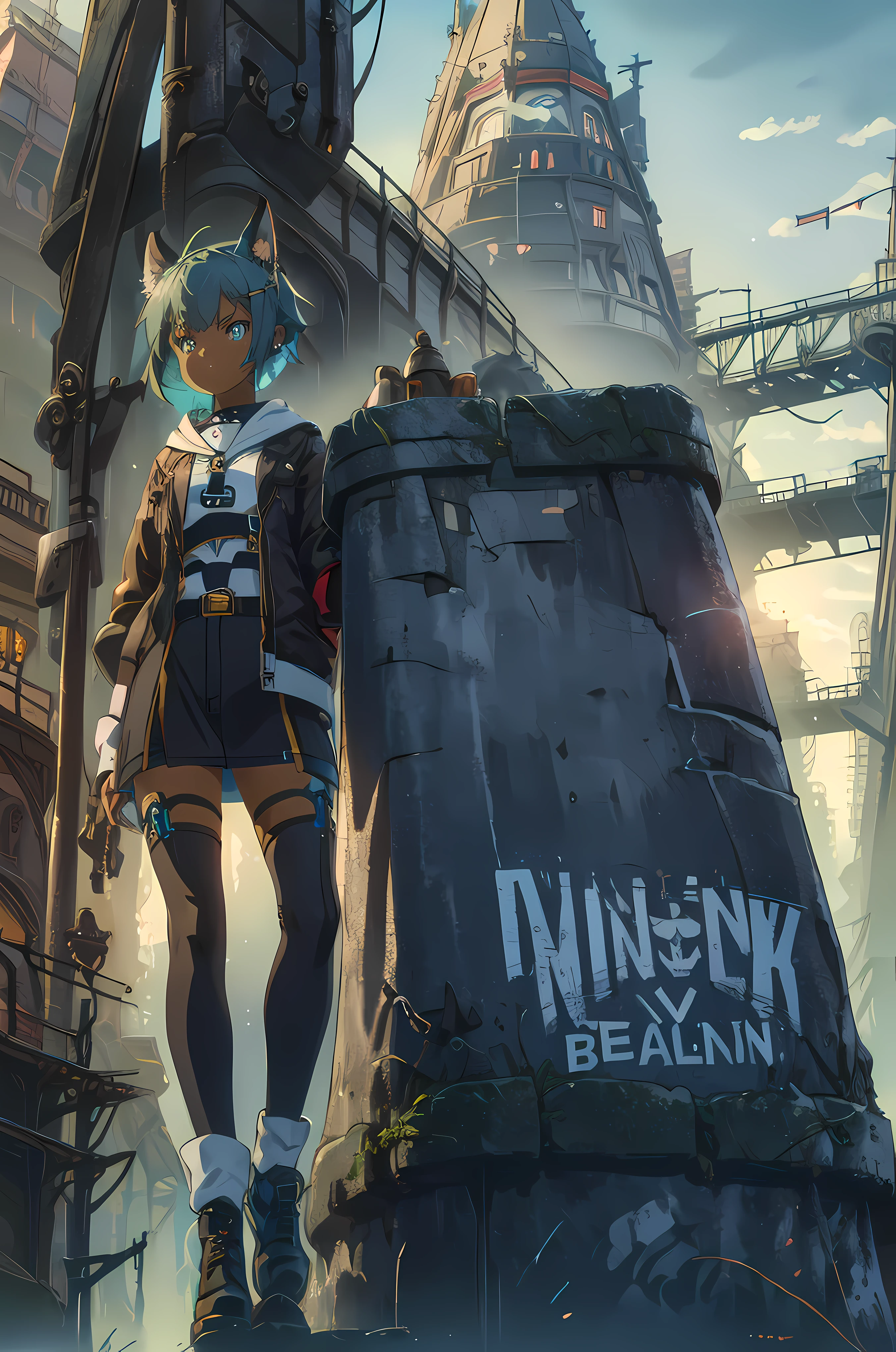 8K, Best Quality, Masterpiece, Ultra High Resolution, (masterpiece, best quality, high quality), girl, short blue hair color, (short length cyan blue hair, disheveled hair), bright blue eyes, 1girl, black and white fox ears with piercings, blue hair, walking around outside, in a pirate city, dark skin, dark skinned,  girl, big ass, black skin toned girl, black girl, fox ears, dark skin, dark skin toned girl, ranger, sniper girl outfit, Sinon, SAO, fox ears,
