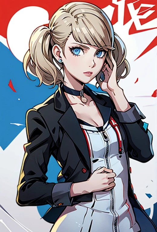 Masterpiece , best quality , solo , 1FEMALE , short blonde hair with bangs , blue eyes , scar over right eye , pale skin , soft smile , persona 5 girls school uniform , choker around neck ,  background , black headband on head