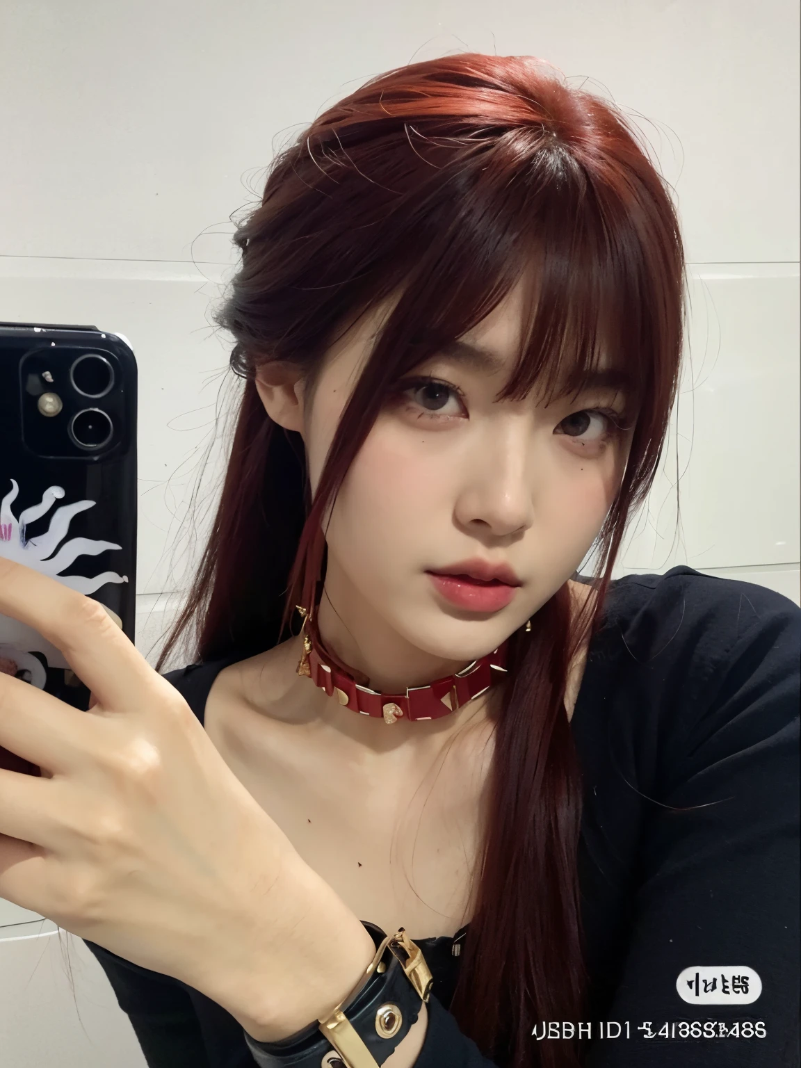 Arafed Asian woman taking a selfie in a bathroom mirror, cruel korean goth girl, ulzzang, Chica de anime en la vida real, Jinyoung Shin, 1 7 -  - old me goth girl, con flequillo, Sun Yunjoo, con flequillo completo, Lalisa Manobal, Pelo largo con flequillo, Heonhwa Choe, con el pelo rojo