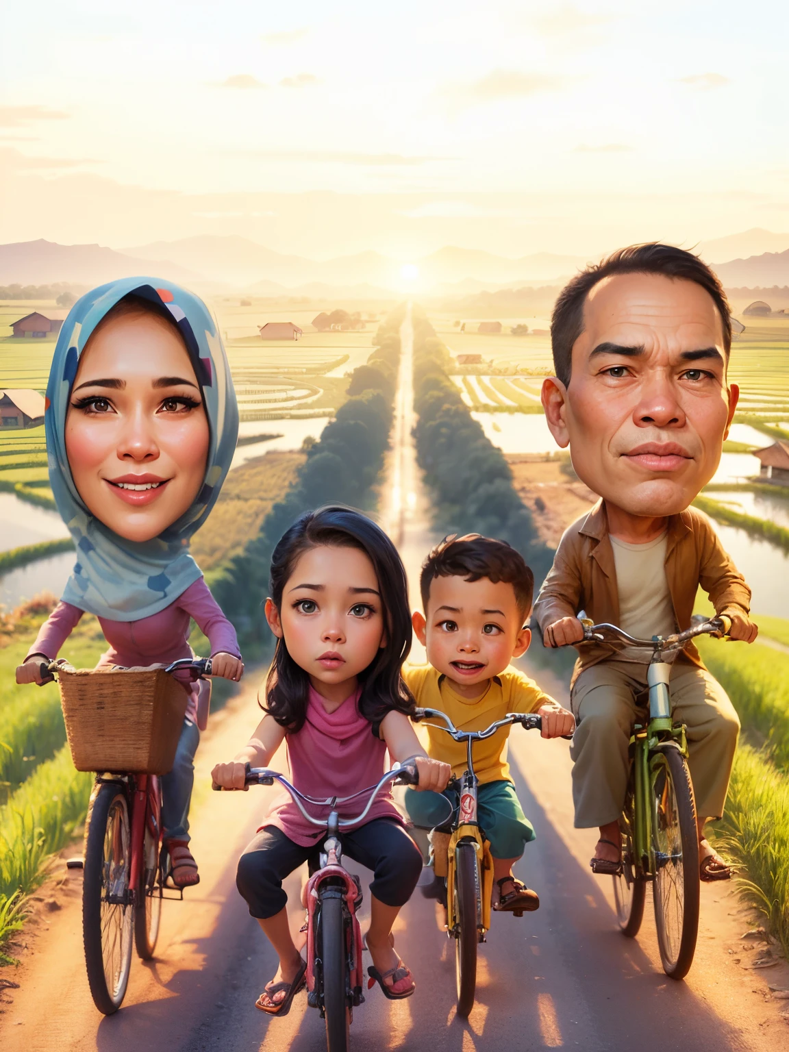cartoon of a family riding bikes Rural road in Indonesia, ibu memakai hijab, with rice fields on either side and houses of villagers and with a sky background, The rocky road in the countryside leads straight up the mountain, caricature illustration, caricature style, an indonesian family portrait, potrait, digital art cartoon, cartoon artstyle, in cartoon style, cartoon digital art, cartoon digital painting, caricature, cartoon style illustration, happy family, cartoon art, cartoon portrait, digital cartoon painting art, caricature!!!, classic portrait