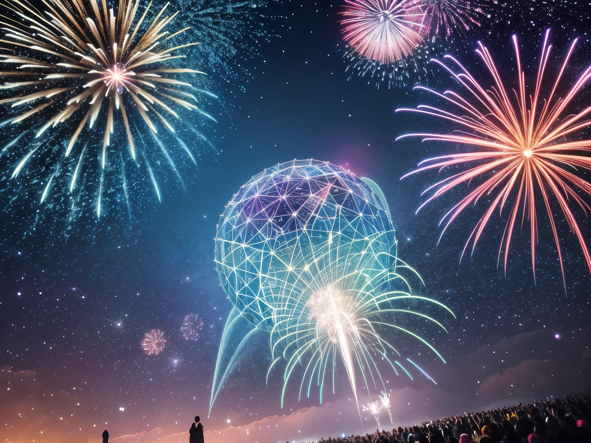 Envision a cosmic spectacle where 3D fireworks burst into fractal constellations, marking the transition from 2023 to 2024 amidst a backdrop of a galactic time warp. enormous tits