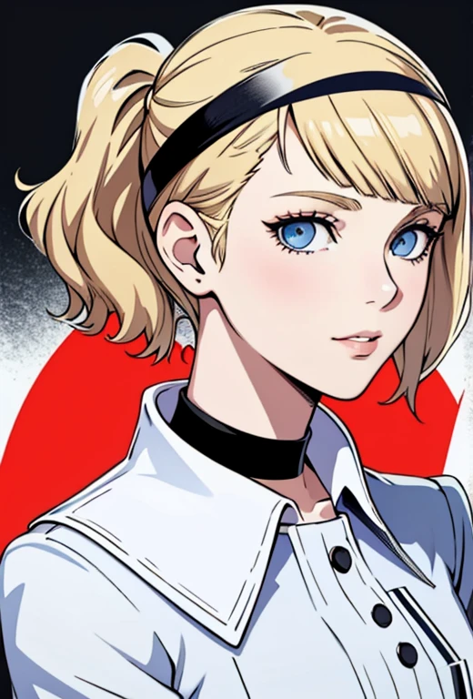 Masterpiece , best quality , solo , 1FEMALE , short blonde hair with bangs , blue eyes , scar over right eye , pale skin , soft smile , persona 5 school uniform , choker around neck ,  background , black headband on head