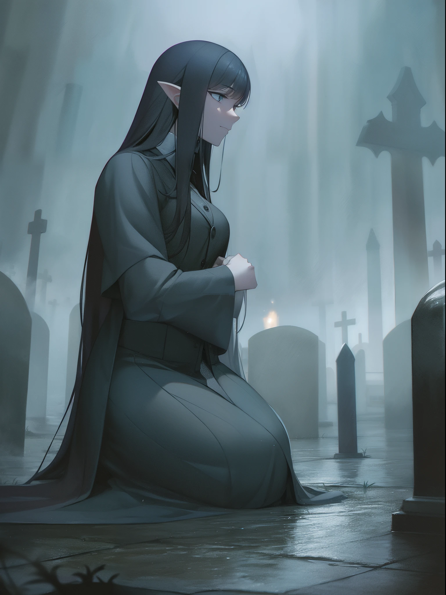 photorealistic, best quality, masterpiece, rainy graveyard, spirit dark theme, dim light, nether, chthonian, gloominess